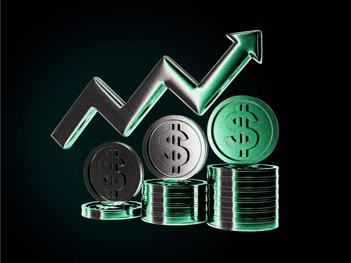 Coin stacks and dollar signs with green highlights, topped by an upward arrow.