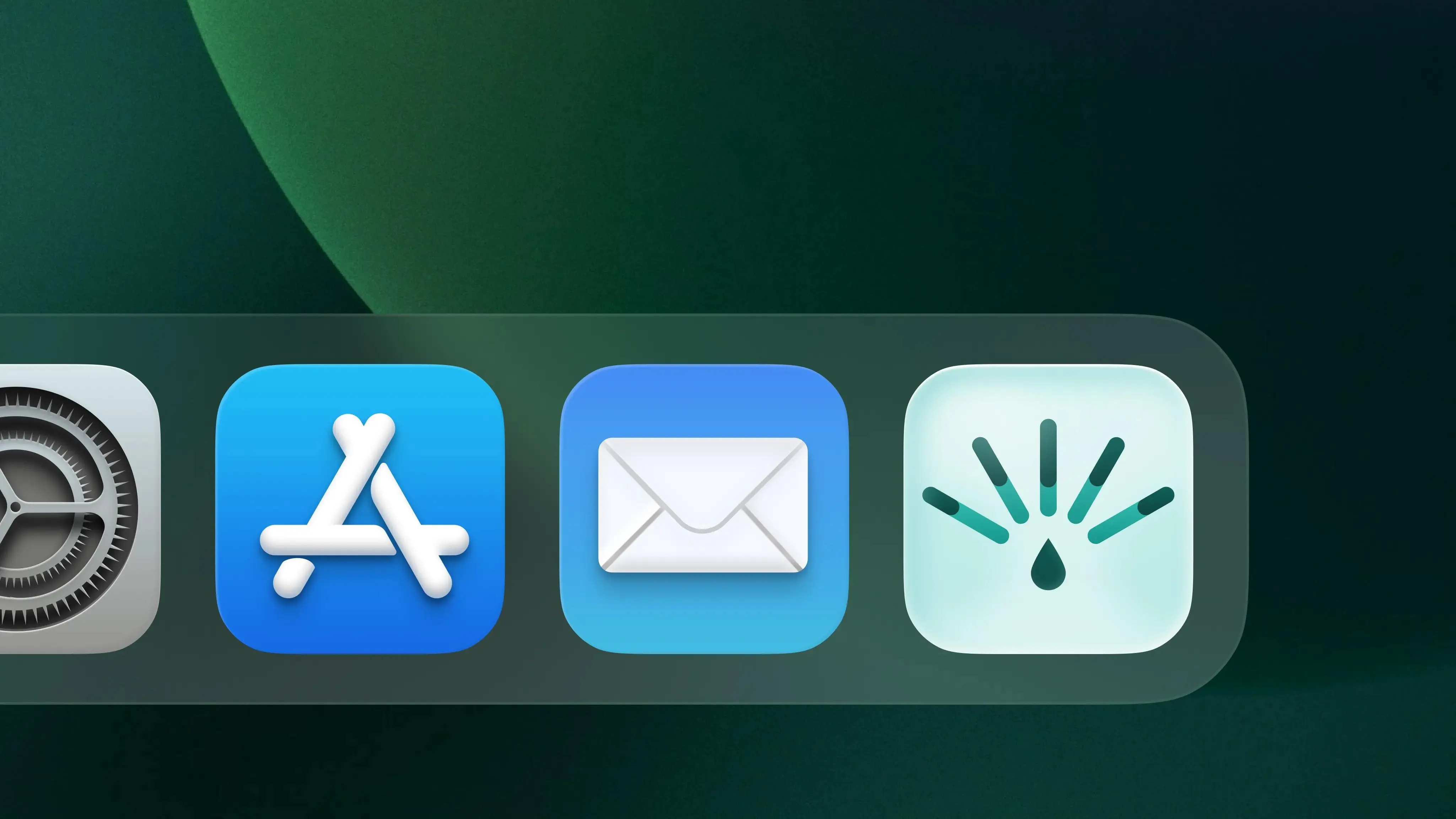 Zbliżenie na pasek narzędzi komputera z ikonami aplikacji: ustawienia, App Store, poczta oraz aplikacja z symbolem kropli wody i promieni, na tle zielono-niebieskiego gradientu.