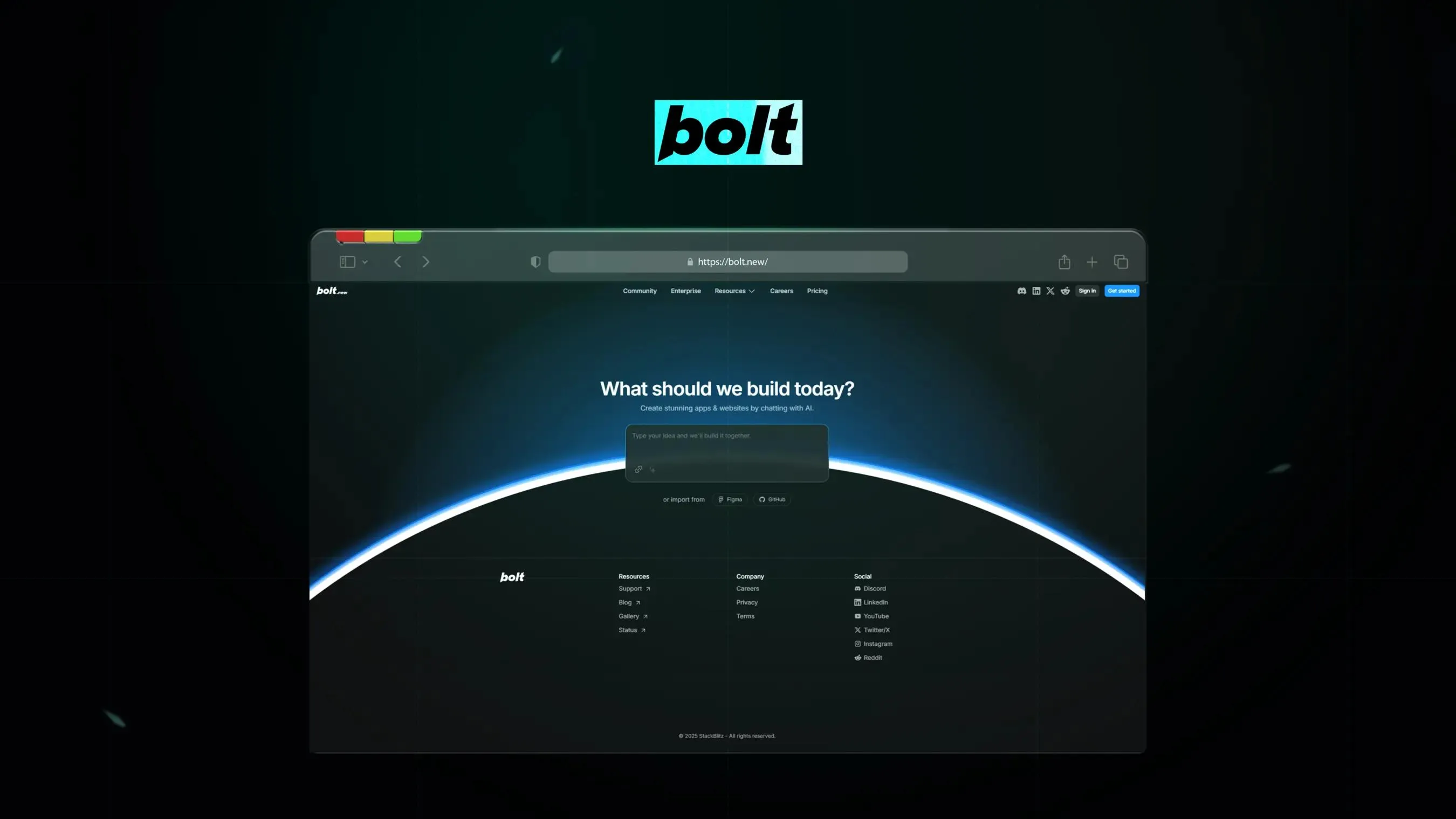 Bolt platform start screen in dark theme with a blue arc glow.