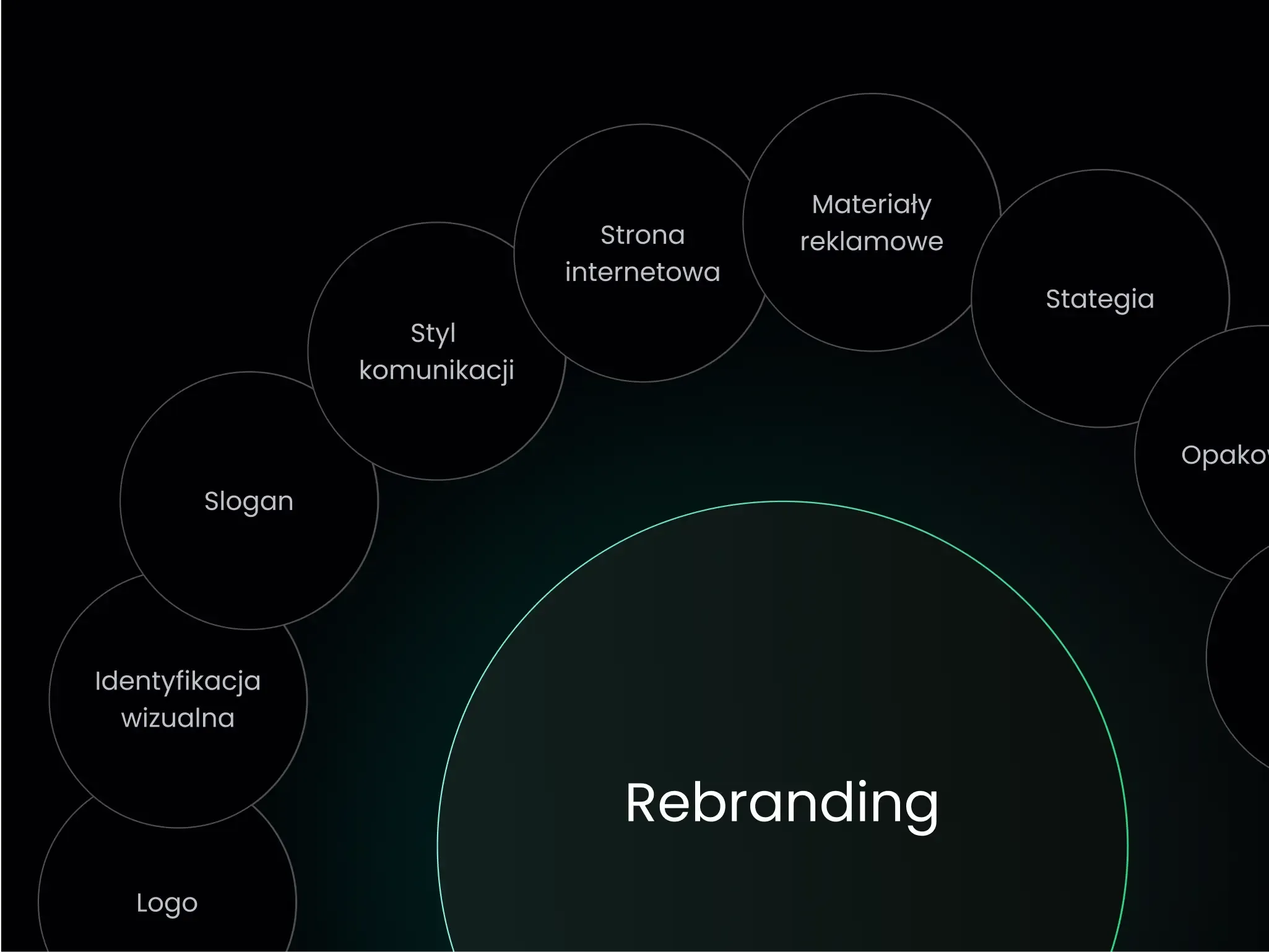 Circular diagram with “Rebranding” at centre and white labels for style, strategy, website.
