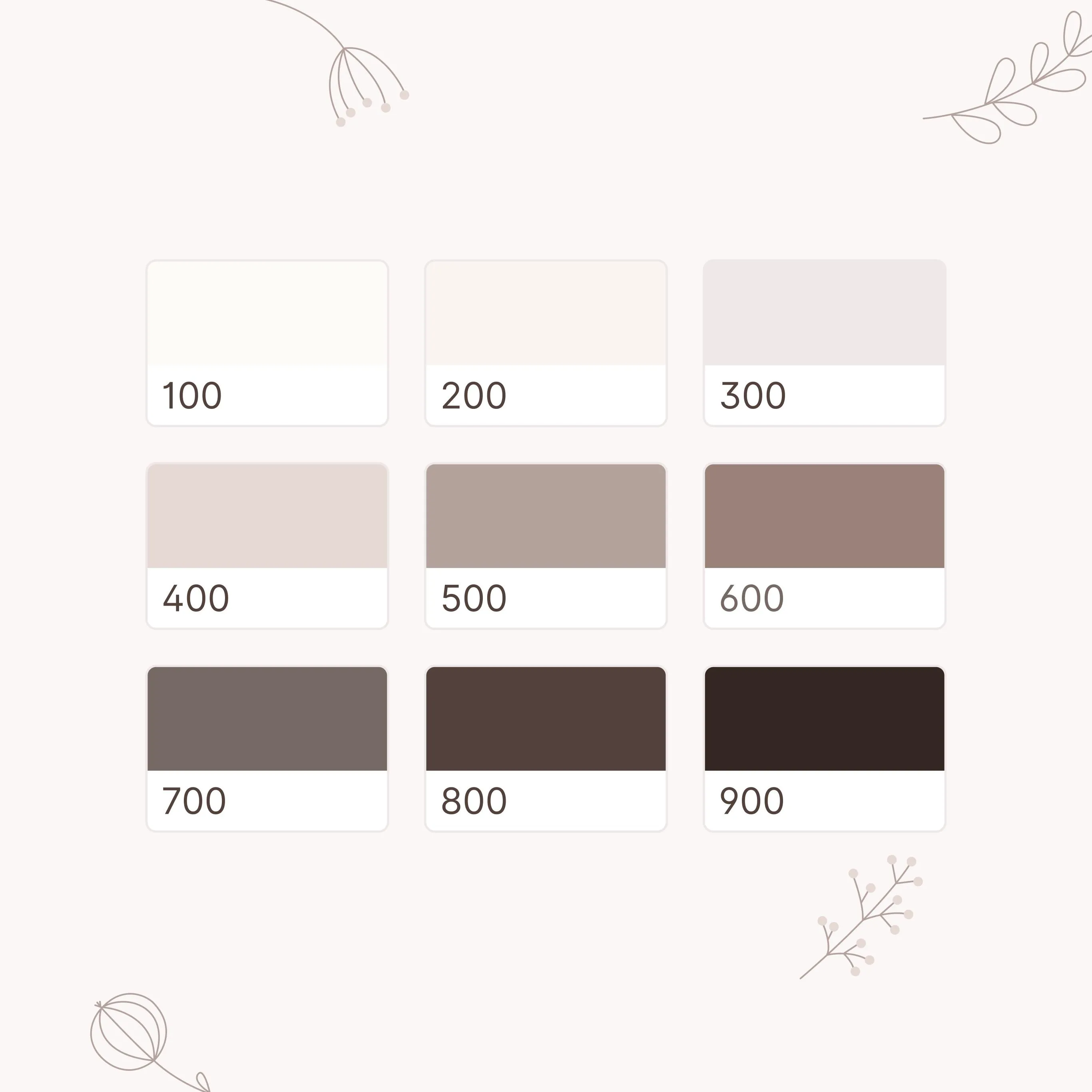 Zestaw próbek barw od 100 do 900 w neutralnych beżach i szarościach na białym tle.