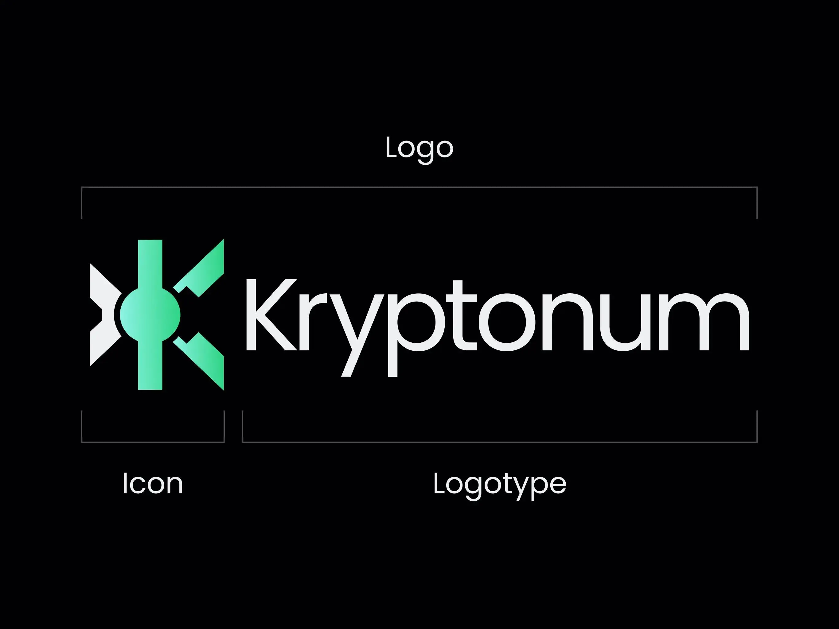 Line drawing displays Kryptonum mark proportions with “Icon” and “Logotype” labels.