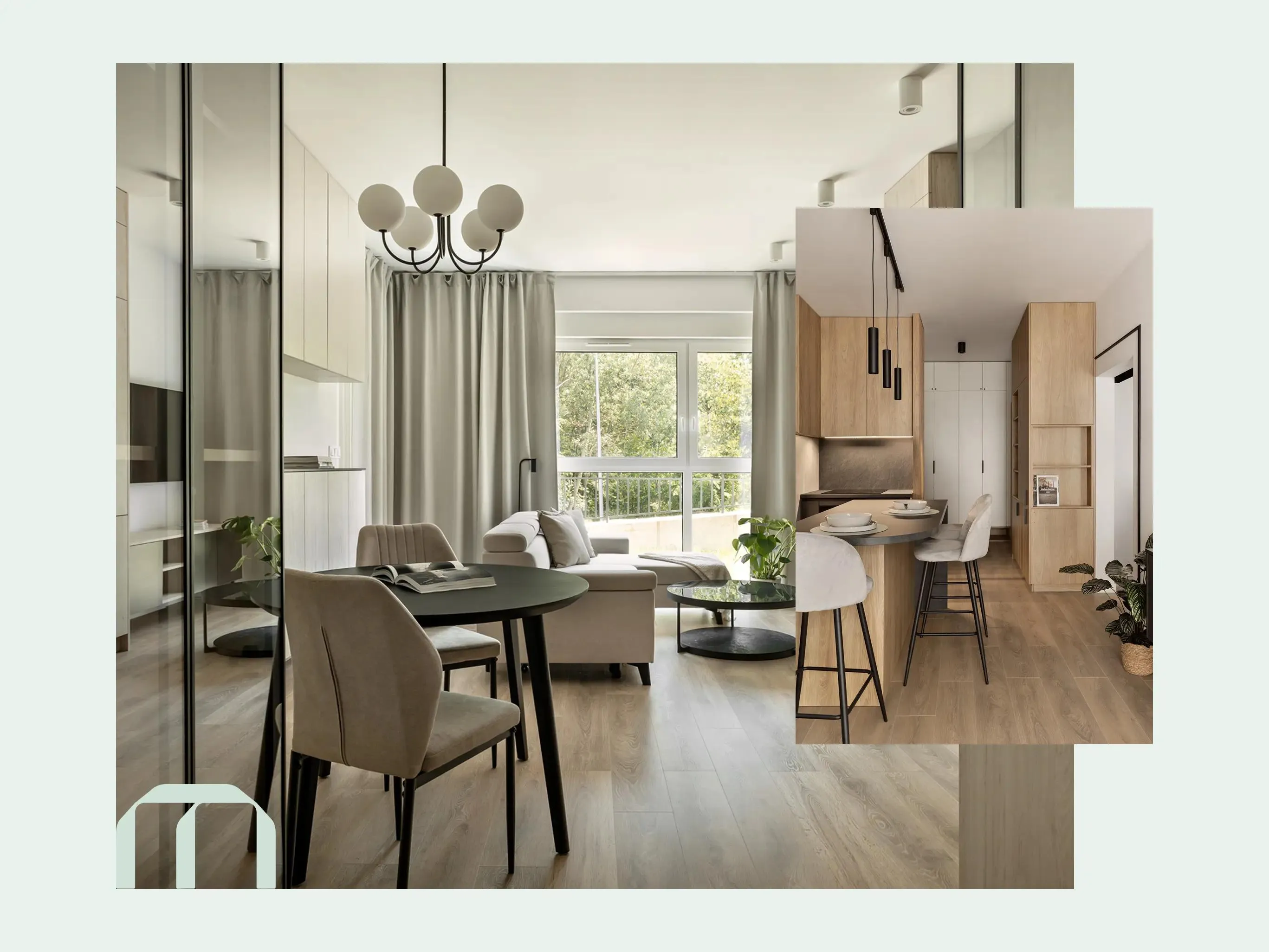 Bright dining room with large windows, a table and pendant light in neutral tones.