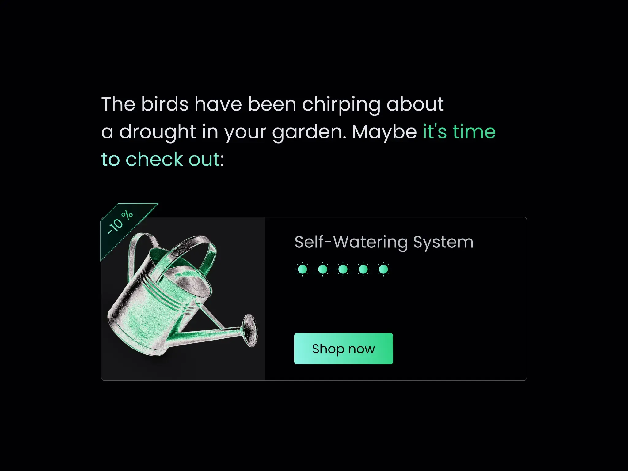 Dark banner referencing “birds chirping” with a product card for a watering system.
