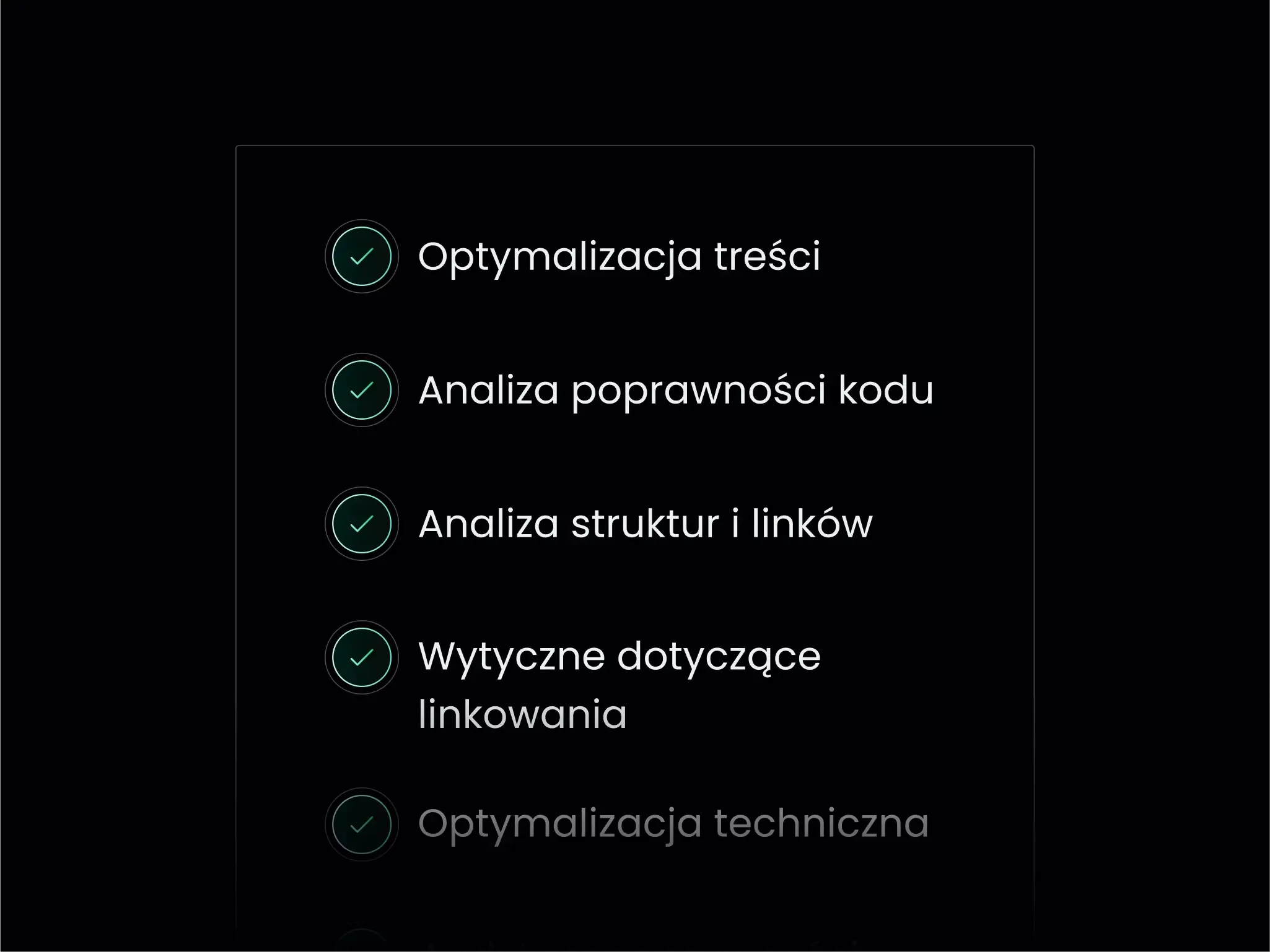Plansza z punktami: optymalizacja treści, analiza jakości kodu, struktura i linki, wytyczne linkowania, optymalizacja techniczna.