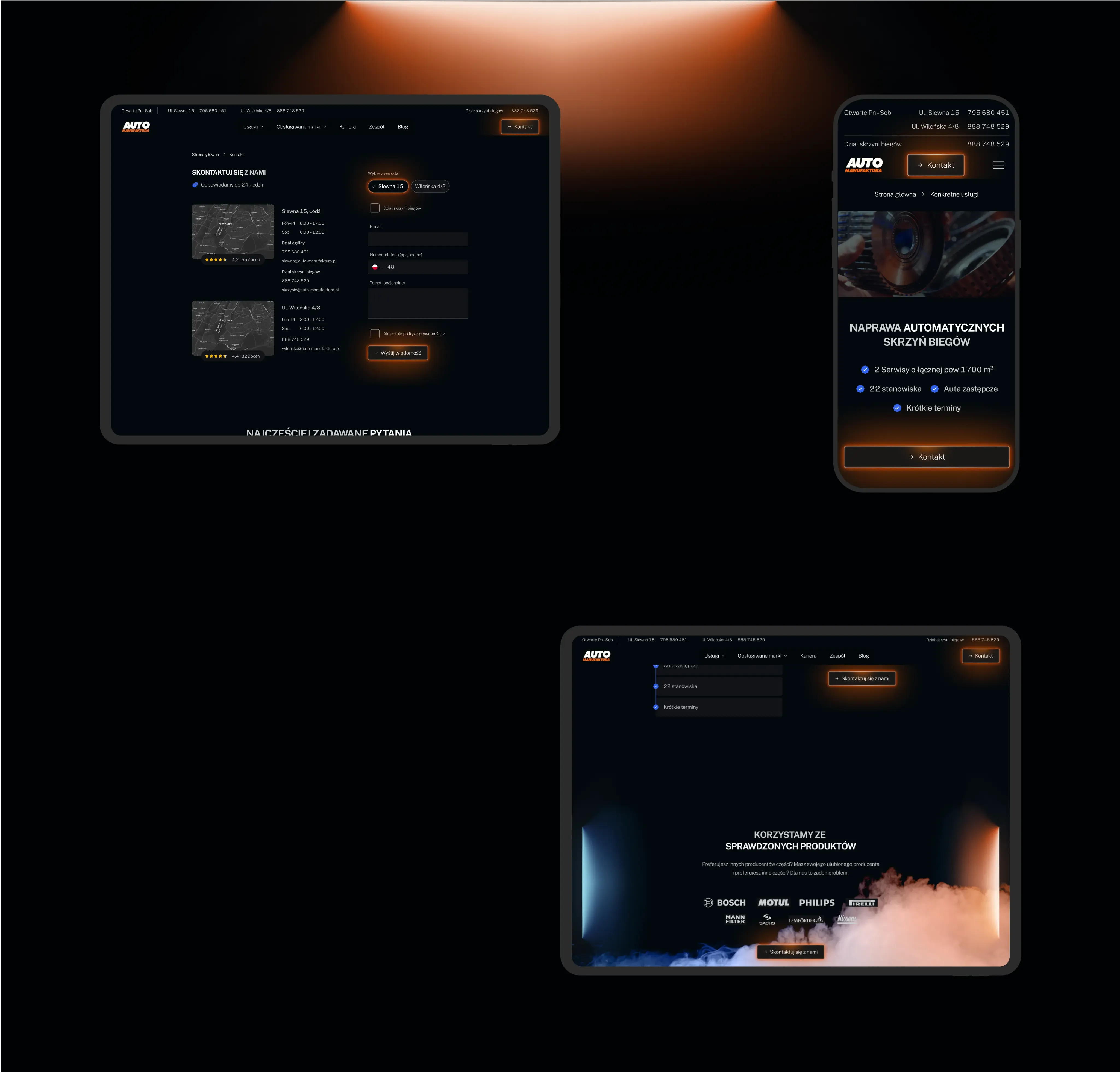 Dark screens with orange accents showcase the Automanufaktura responsive website across multiple devices.