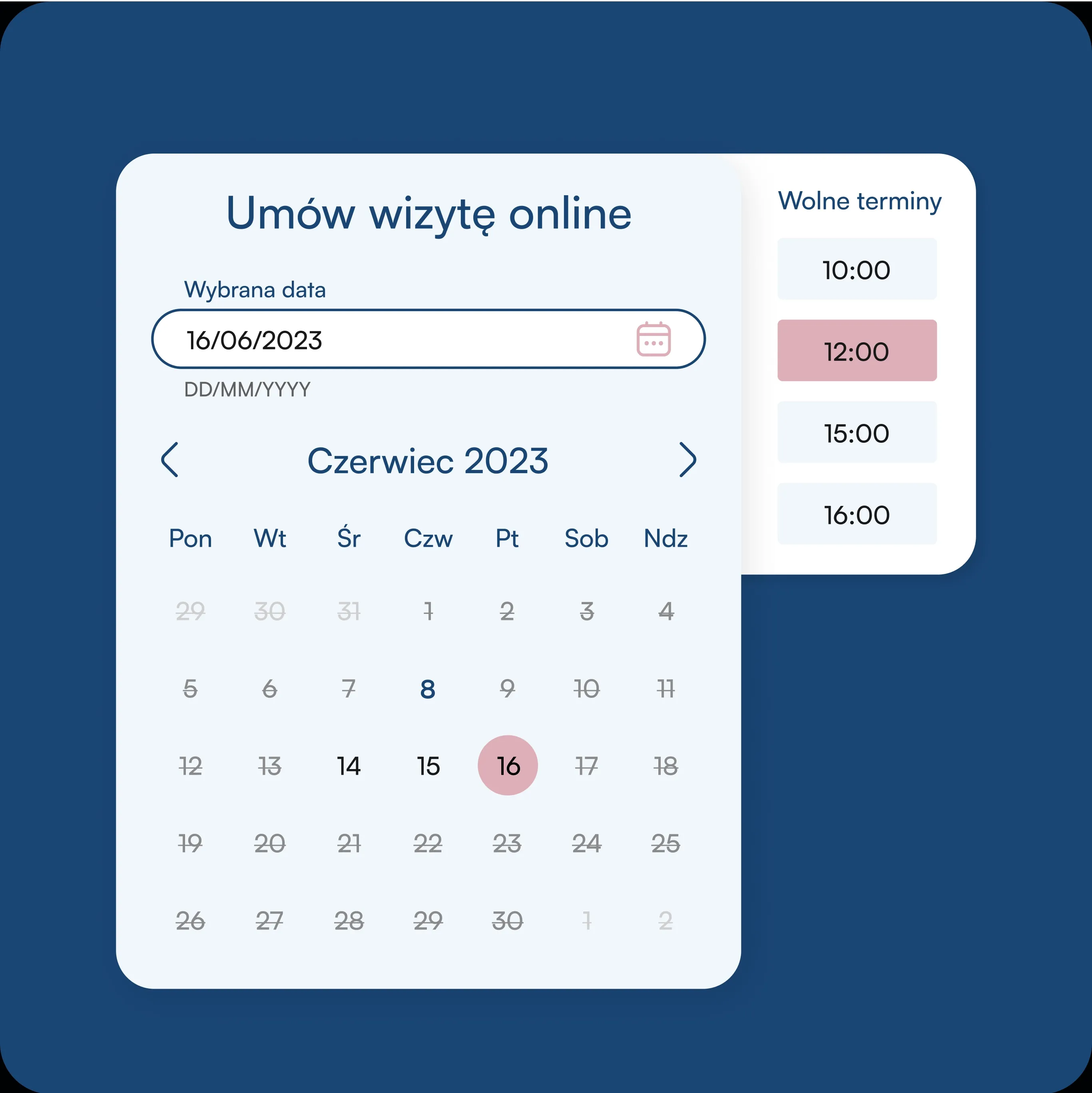 Widget rezerwacji terminu z widokiem miesiąca i godzinami po prawej.