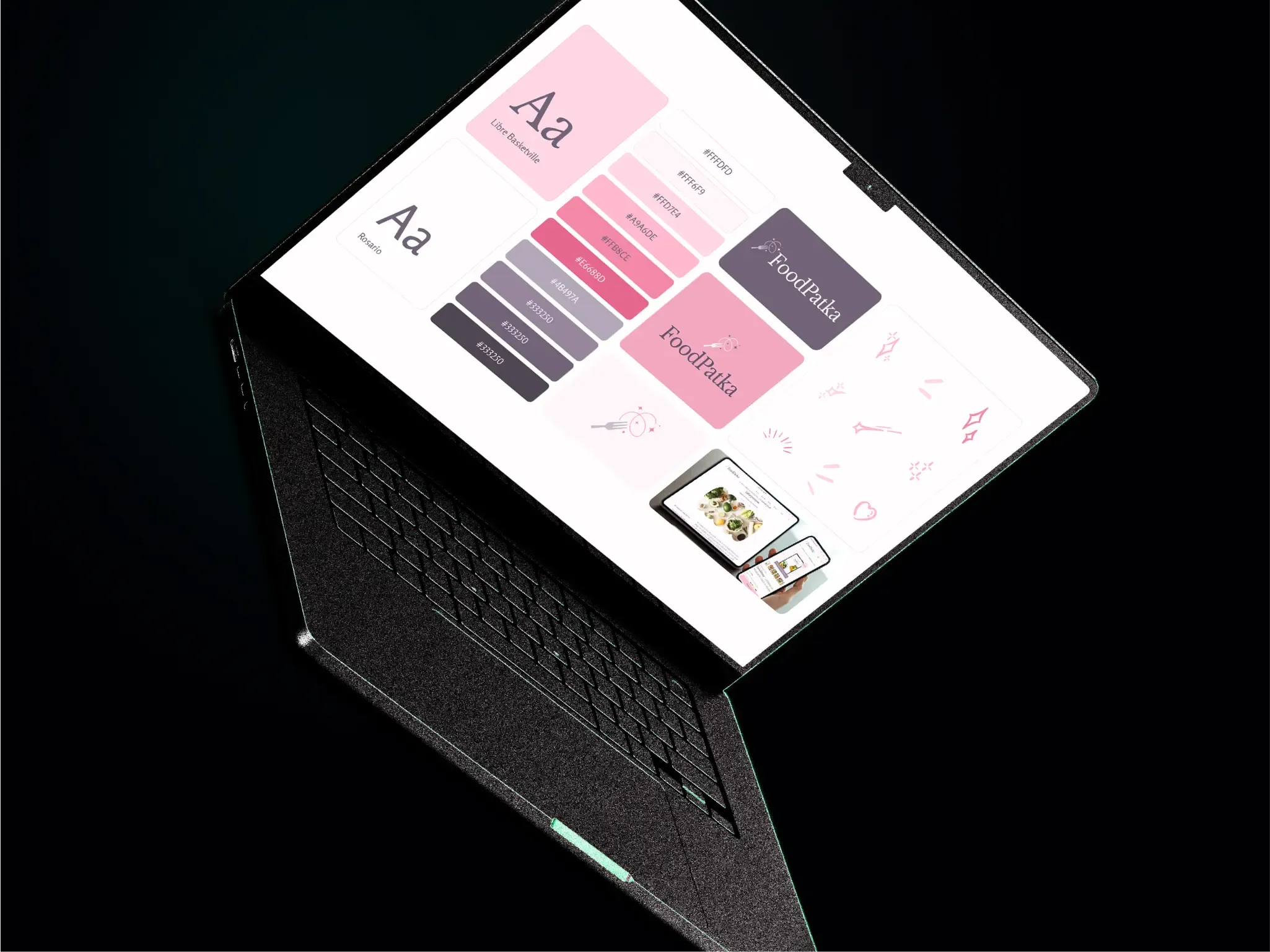 Laptop wyświetlający identyfikację wizualną marki FoodPaka, zawierającą paletę kolorów, kroje pisma, logo oraz elementy graficzne w różowo-szarej estetyce, na ciemnym tle podkreślającym nowoczesny styl prezentacji.