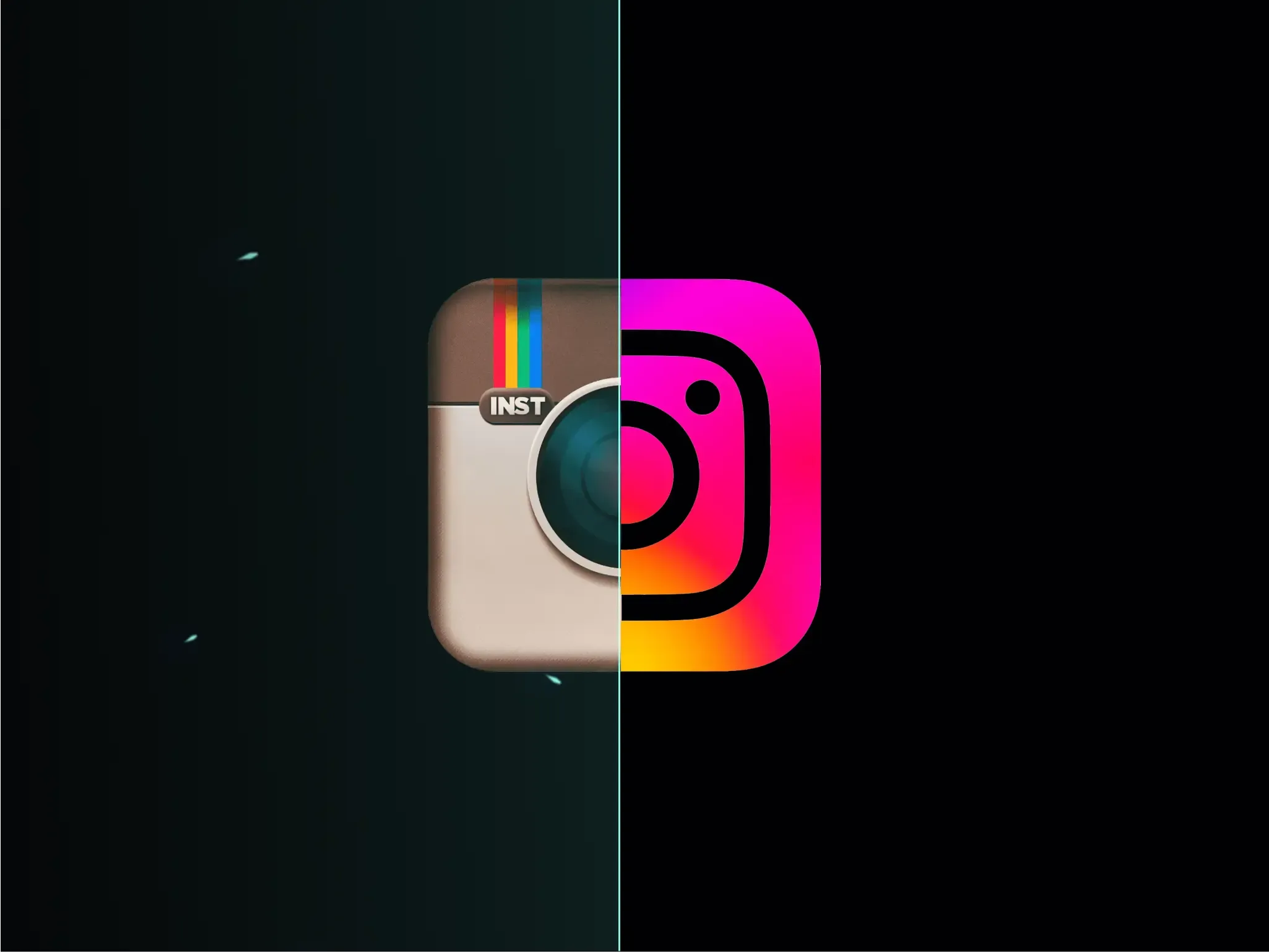 Half of the old Instagram camera morphs into the new gradient icon on a black background.