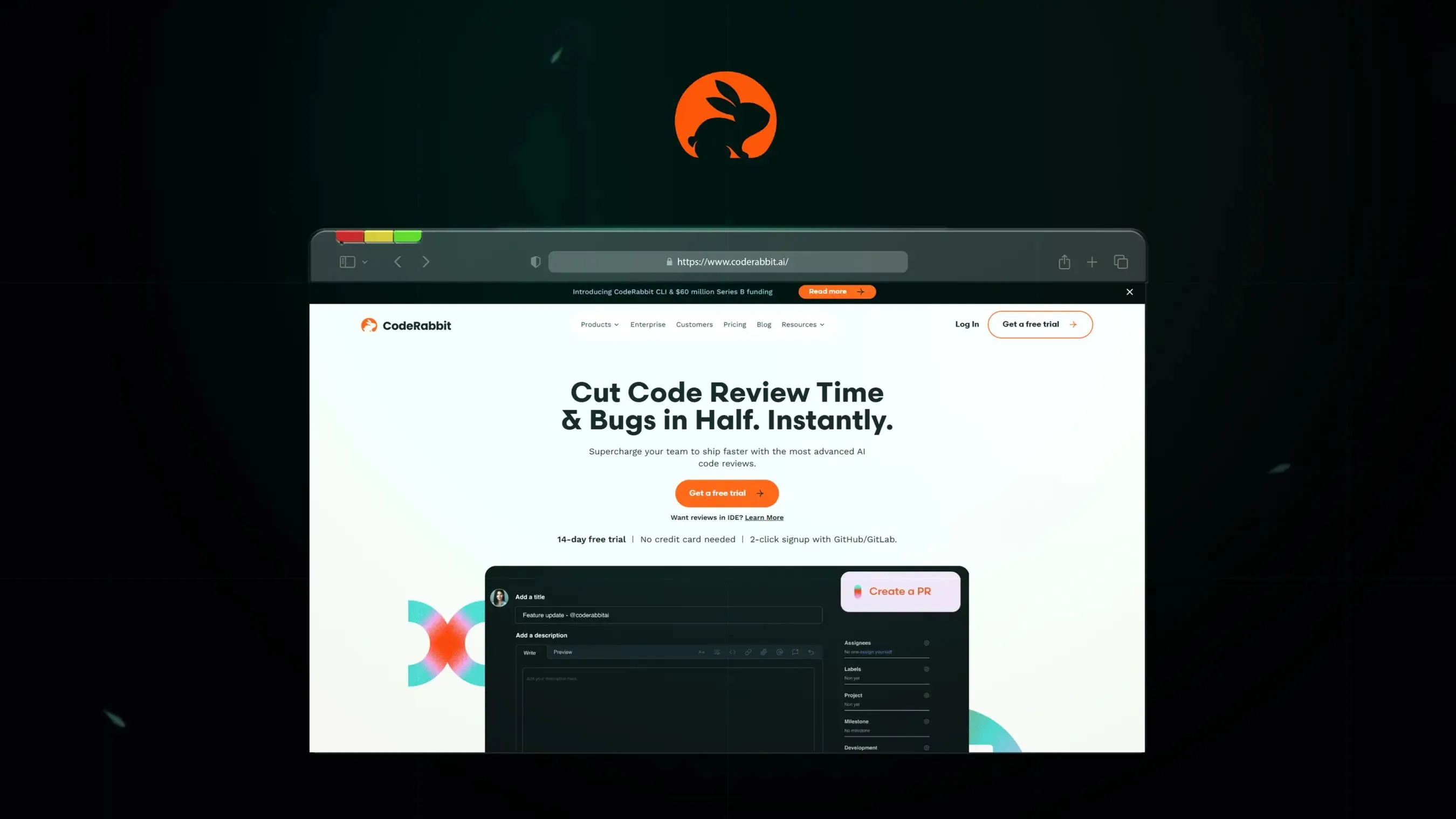 CodeRabbit site view promoting fast PR reviews and change suggestions.