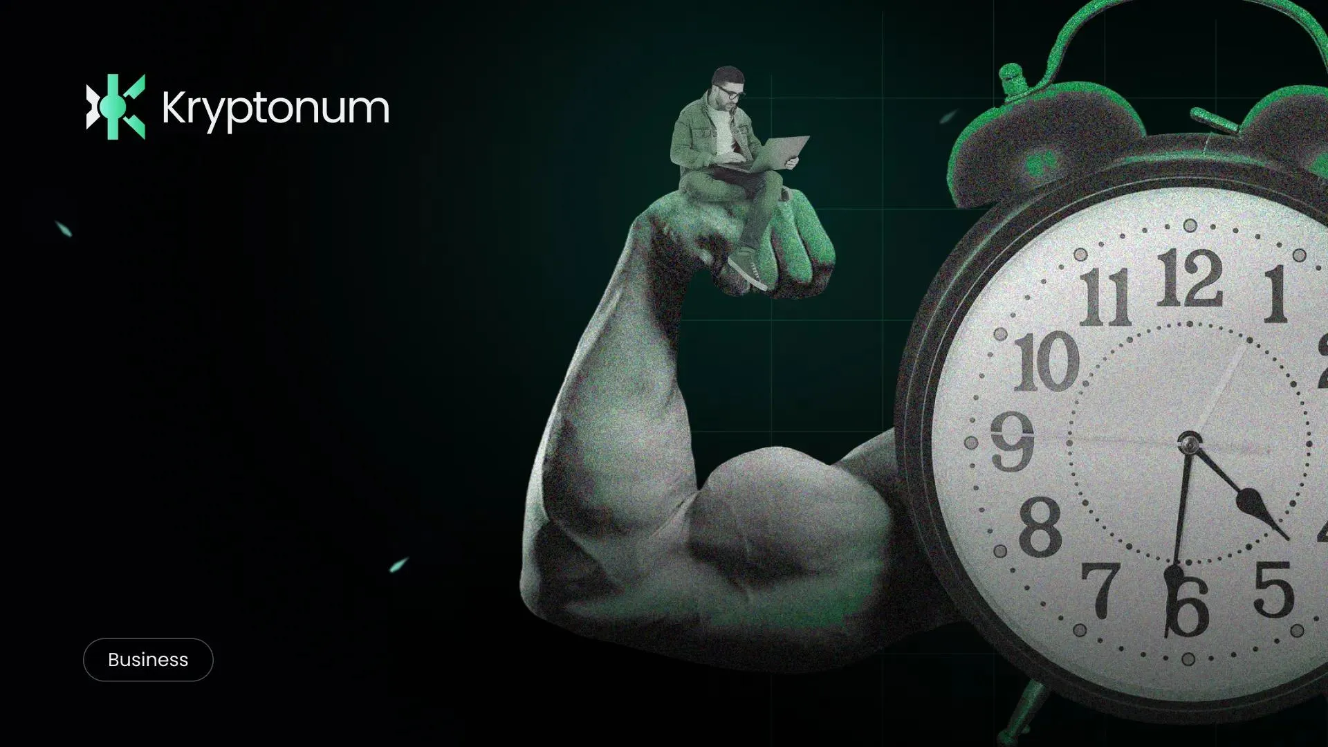 Muscular arm holding a man with laptop on his lap, large alarm clock on the right; green highlights.