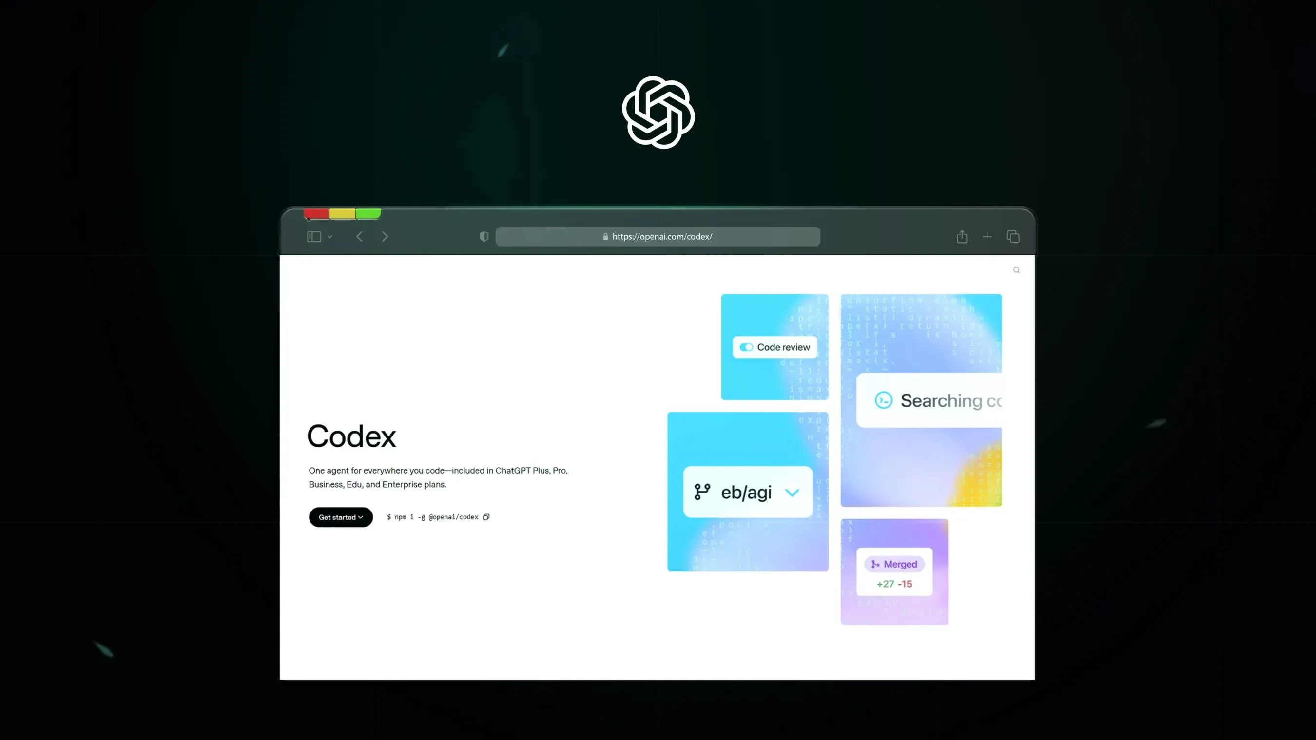 Codex product page with feature tiles and navigation in a light style.