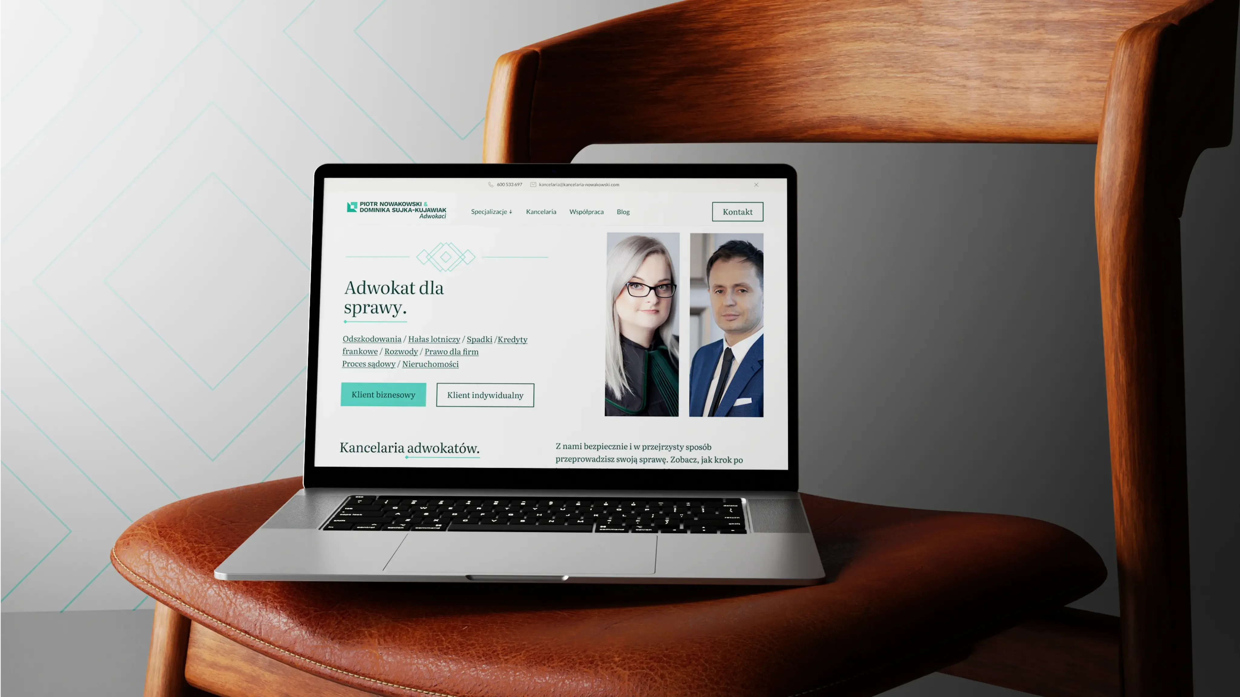 Laptop on a wooden desk displays the law firm site with a header and team.