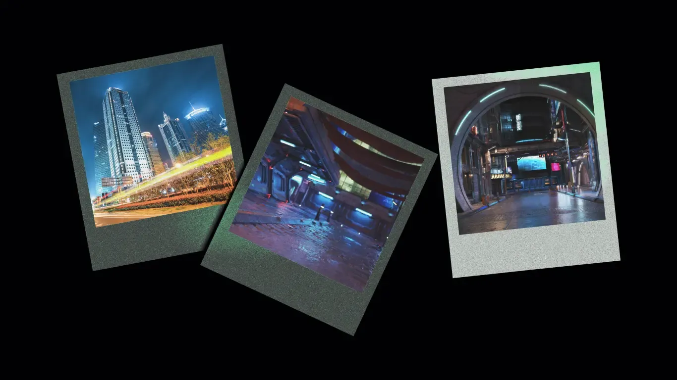 Trzy pochylone polaroidy z futurystycznymi wizualizacjami miejskiej architektury.