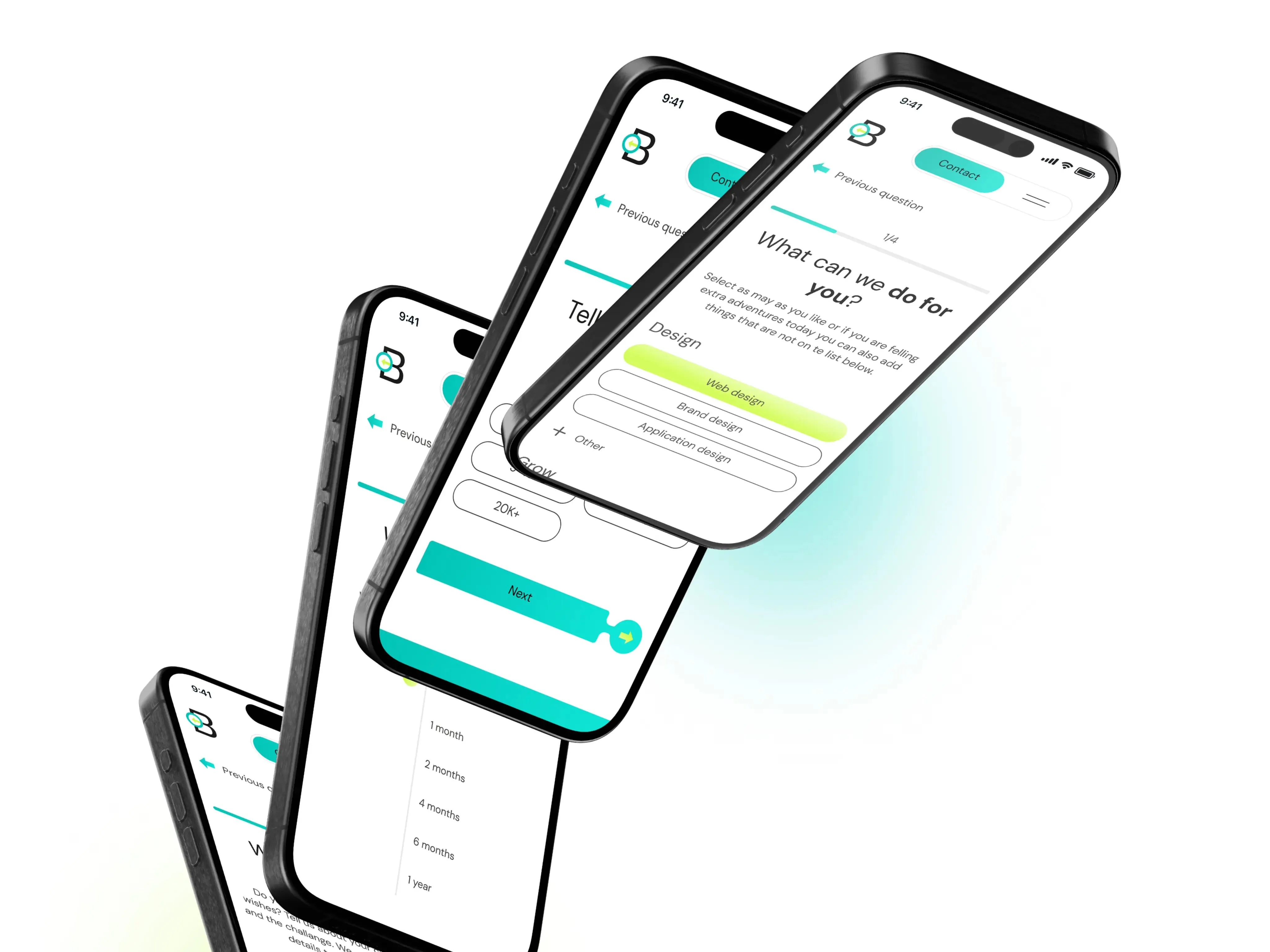 Widok pierwszego kroku formularza kontaktowego strony internetowej w branży fashion. Krótkie nagłówki, czytelny tekst, duże przyciski, łatwe do kliknięcia.