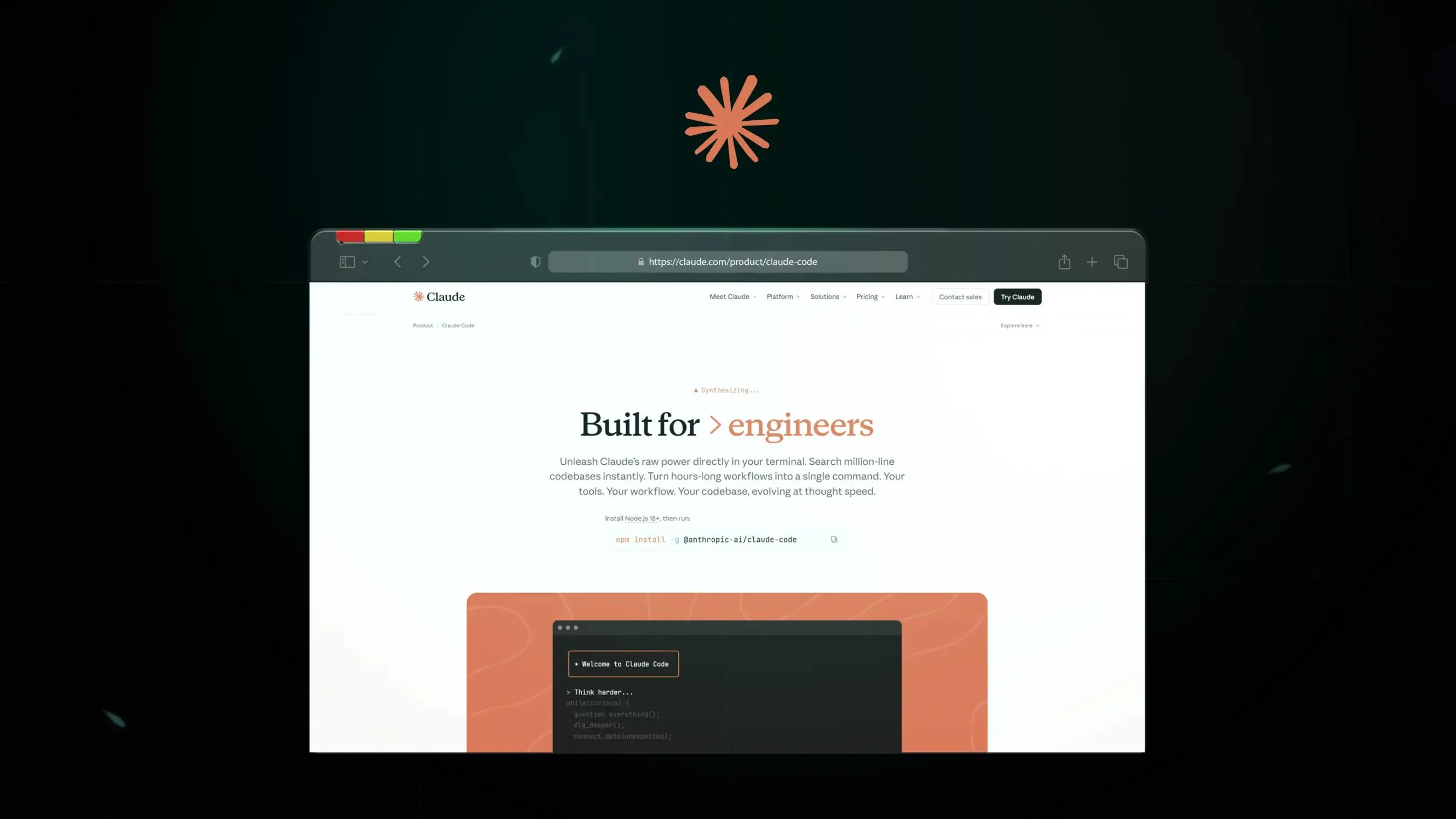Claude Code landing showing an editor screen and benefits section.