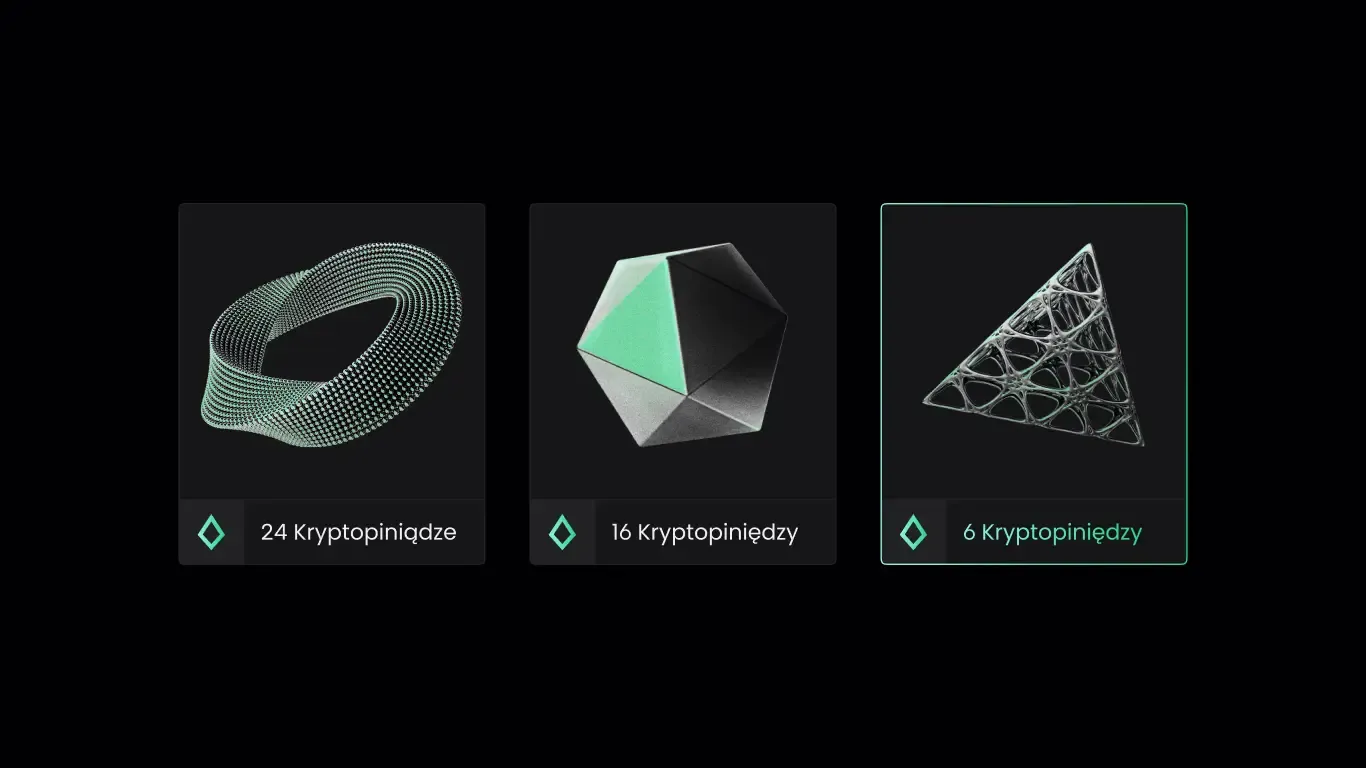 Trzy zielone modele przedstawiające różne typy futurystycznych tokenów NFT na czarnym tle.