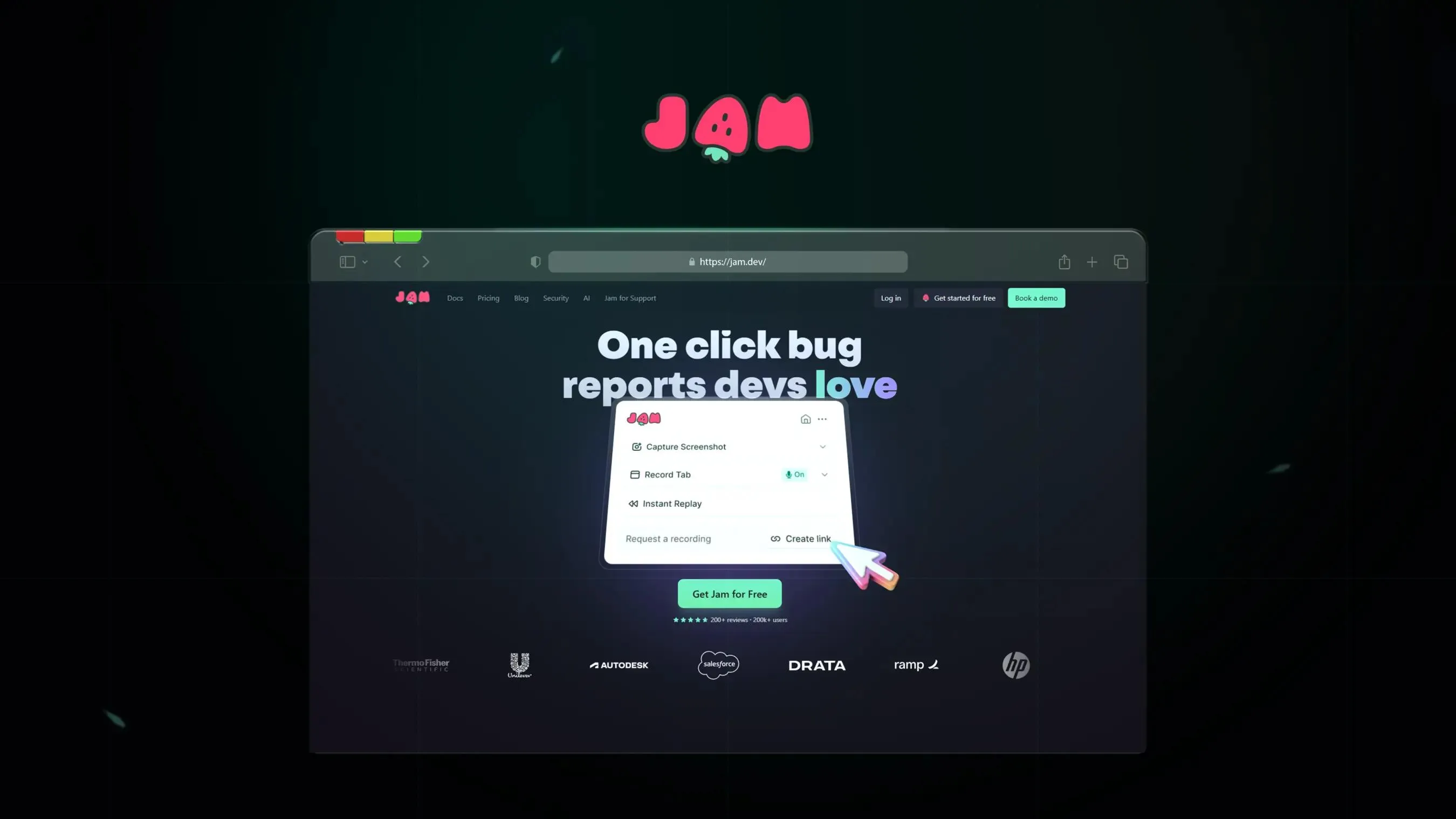 Jam screenshot showing a “one-click bug report” modal on a dark desktop.
