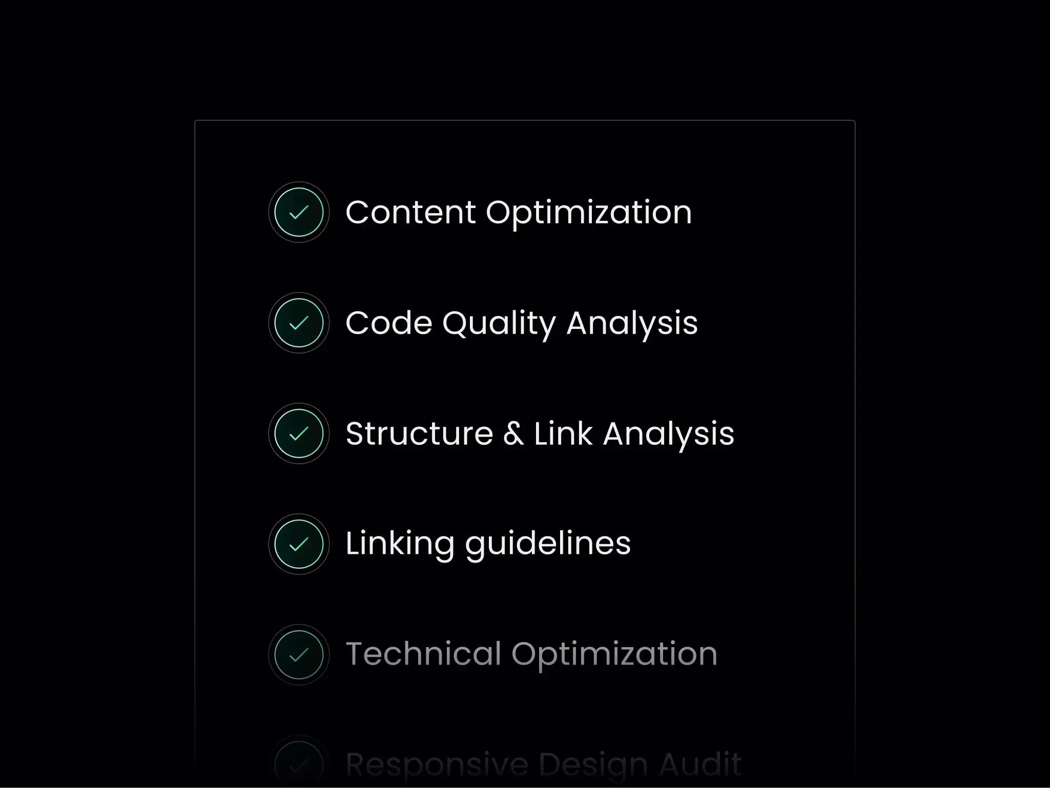 Black background with six optimisation tasks, each marked by a green check-mark.