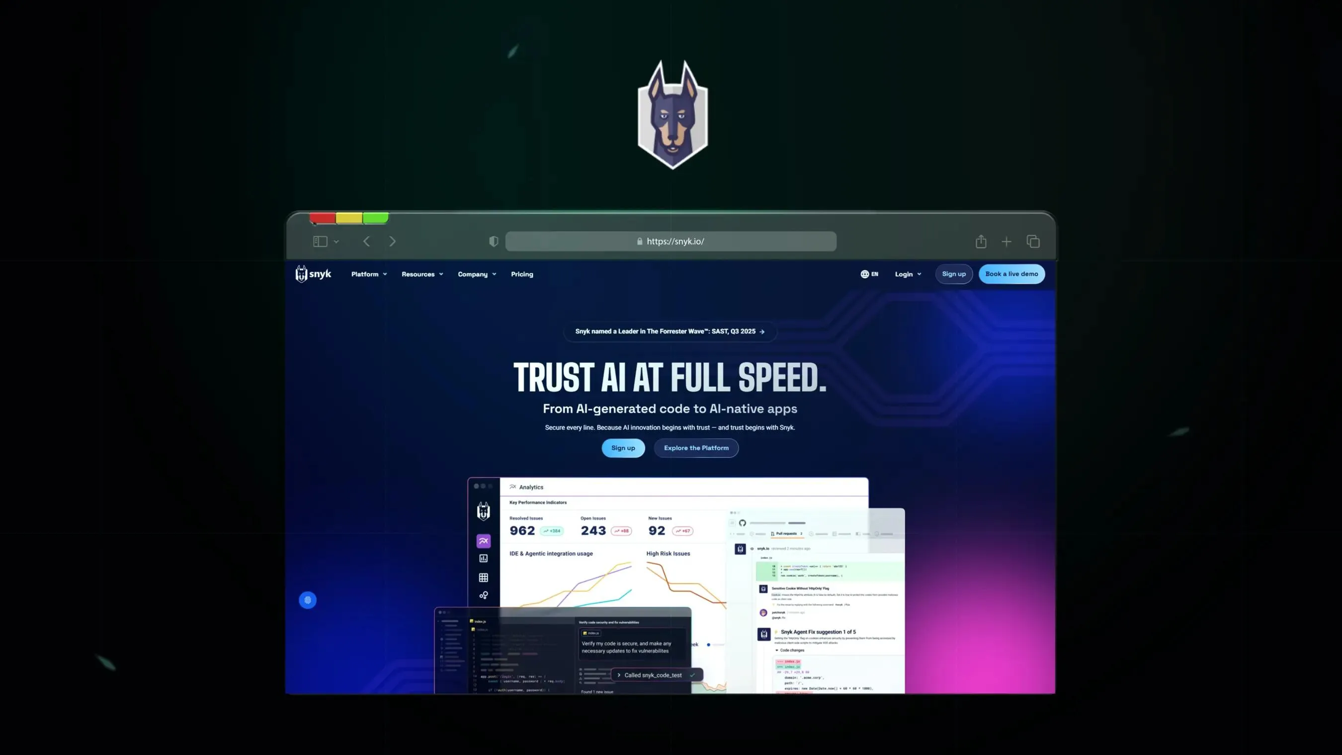 Snyk app screen with projects panel and security alerts.