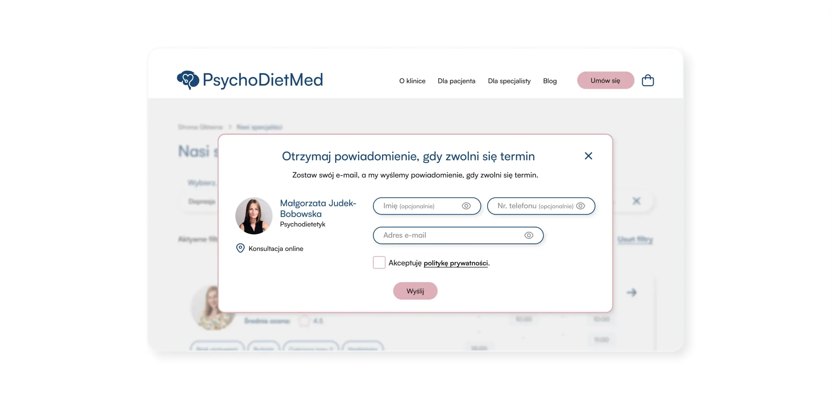 Jasny interfejs logowania PsychoDietMed z polami e‑mail i hasło oraz przyciskiem „Zaloguj”.