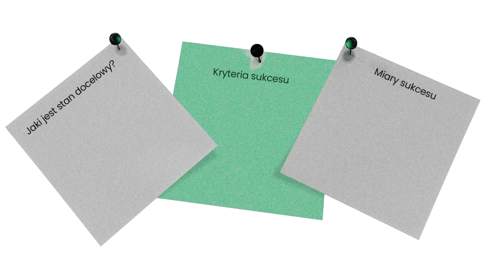 Three hanging cards in green and white on a transparent background.