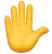 Yellow 3-D raised hand on transparent background in a friendly “hi” gesture.
