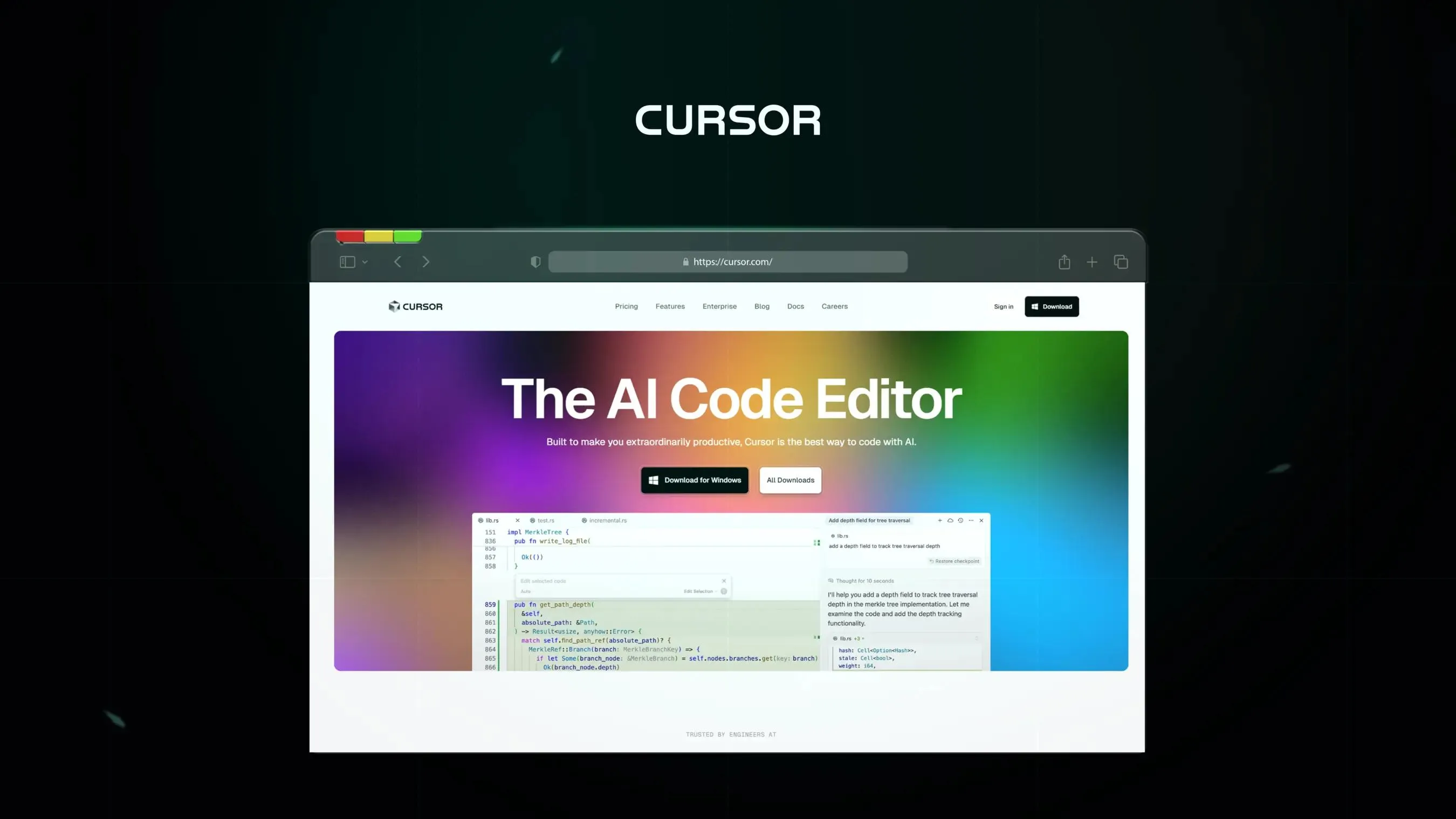 Cursor landing with a bold “The AI Code Editor” banner and features panel.