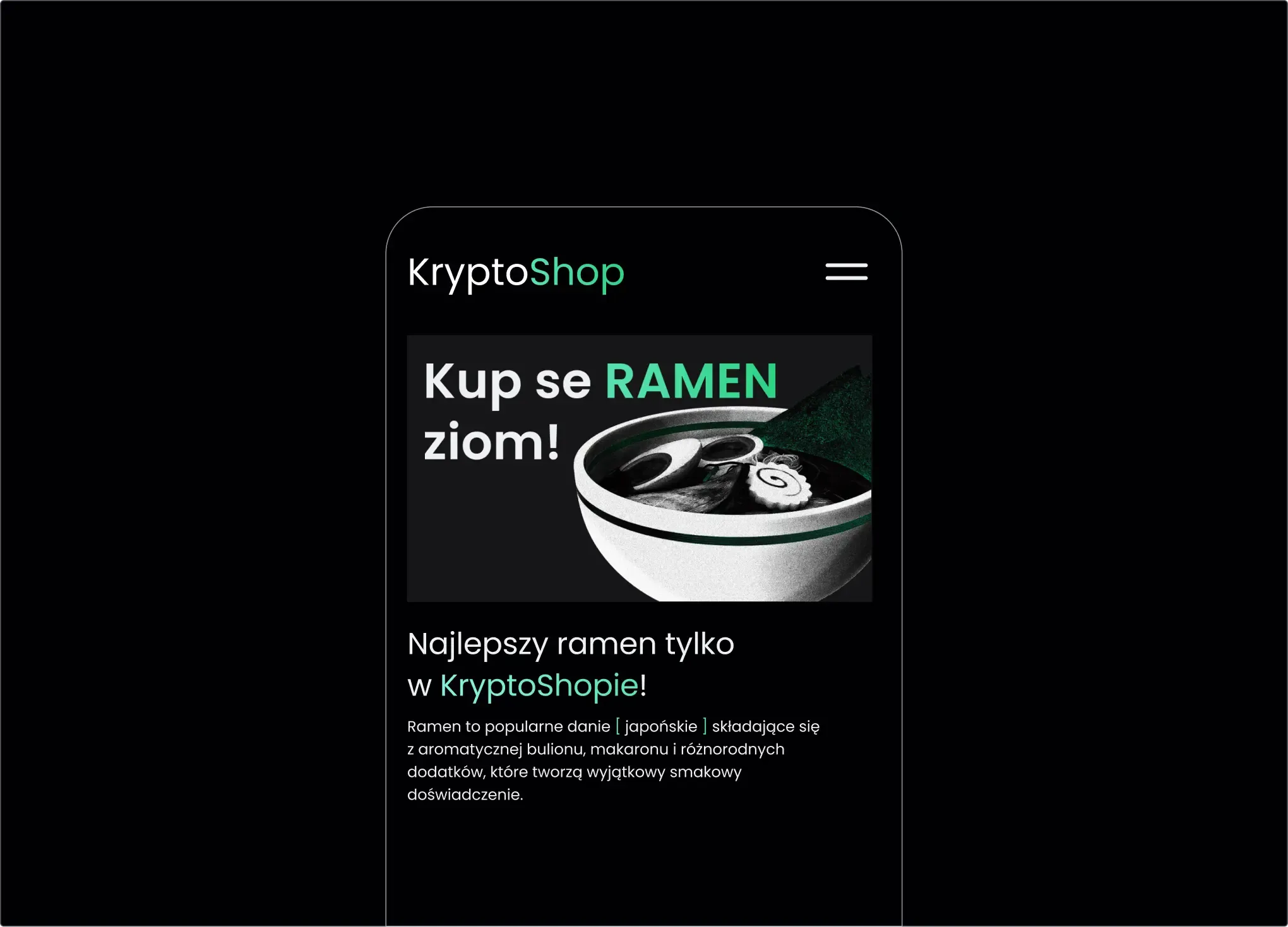 Smartphone shows “Buy yourself RAMEN, bro!” landing page against a black background, light UI elements.