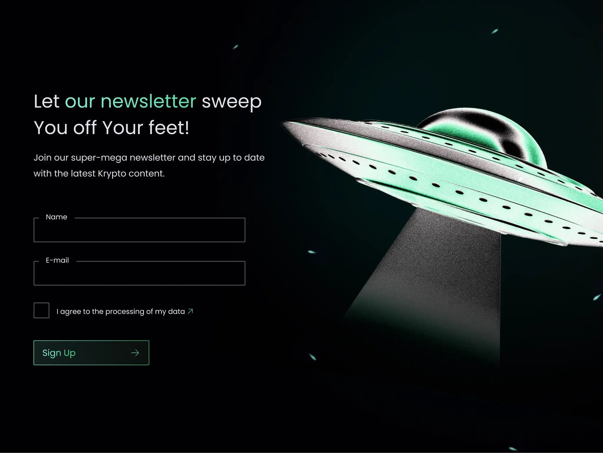 Newsletter sign-up form with a glowing UFO beaming light above it.