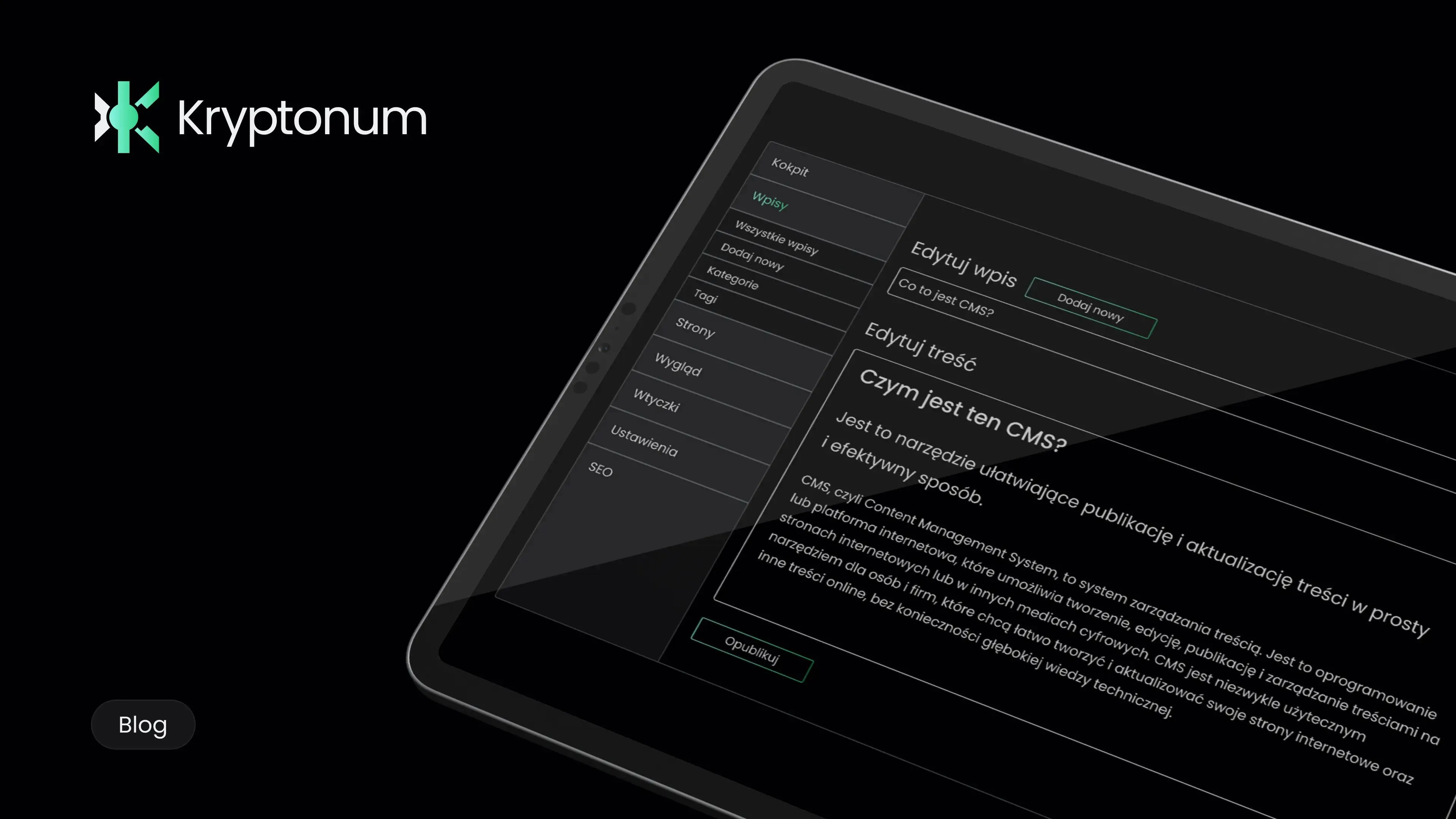 Tablet in dark theme shows content-management modules and navigation.