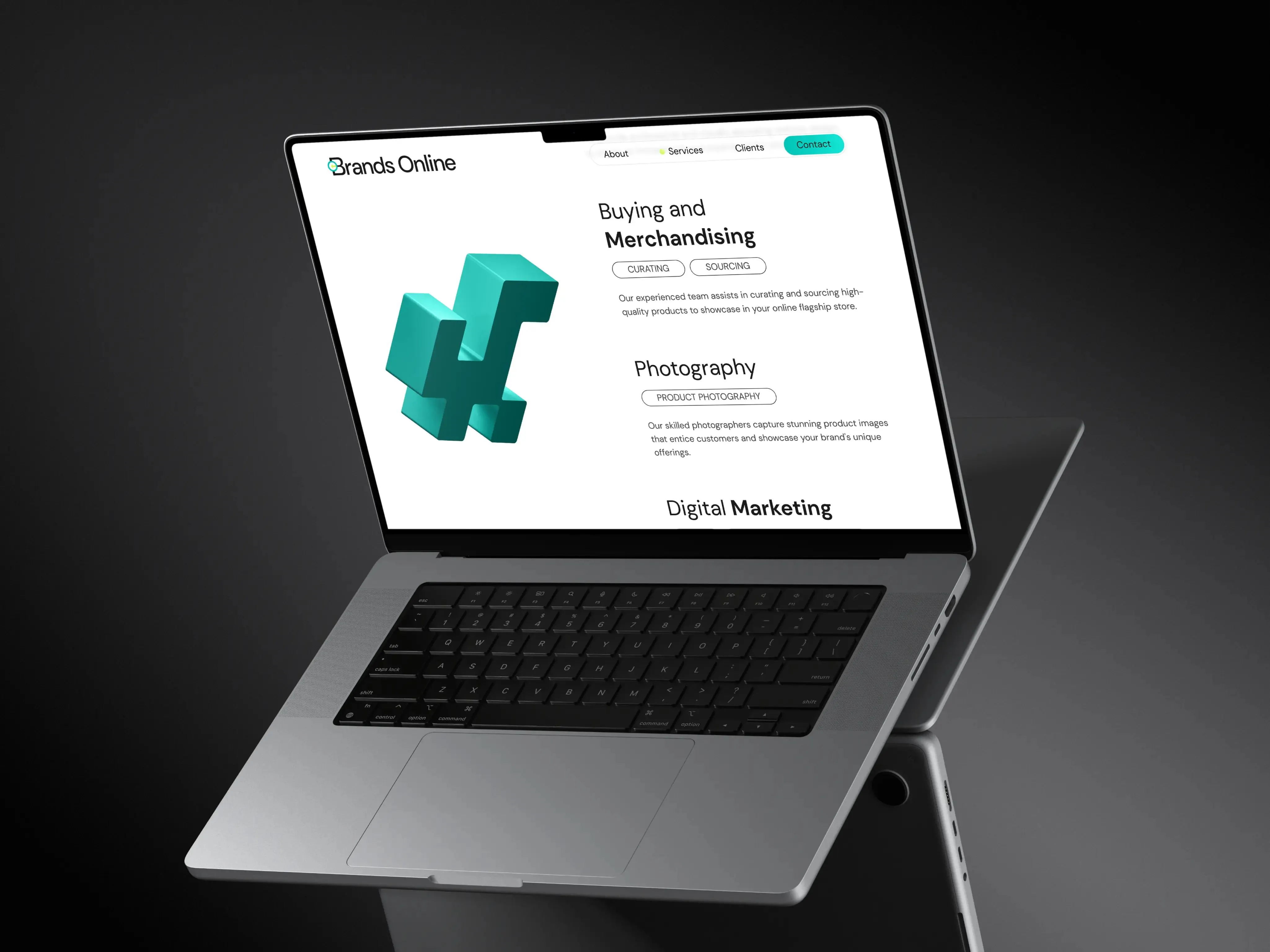 Widok podstrony usługowej strony internetowej brandsonline z branży fashion, krótkie nagłówki, czytelna typografia i futurystyczne kształty 3D w turkusowym kolorze.