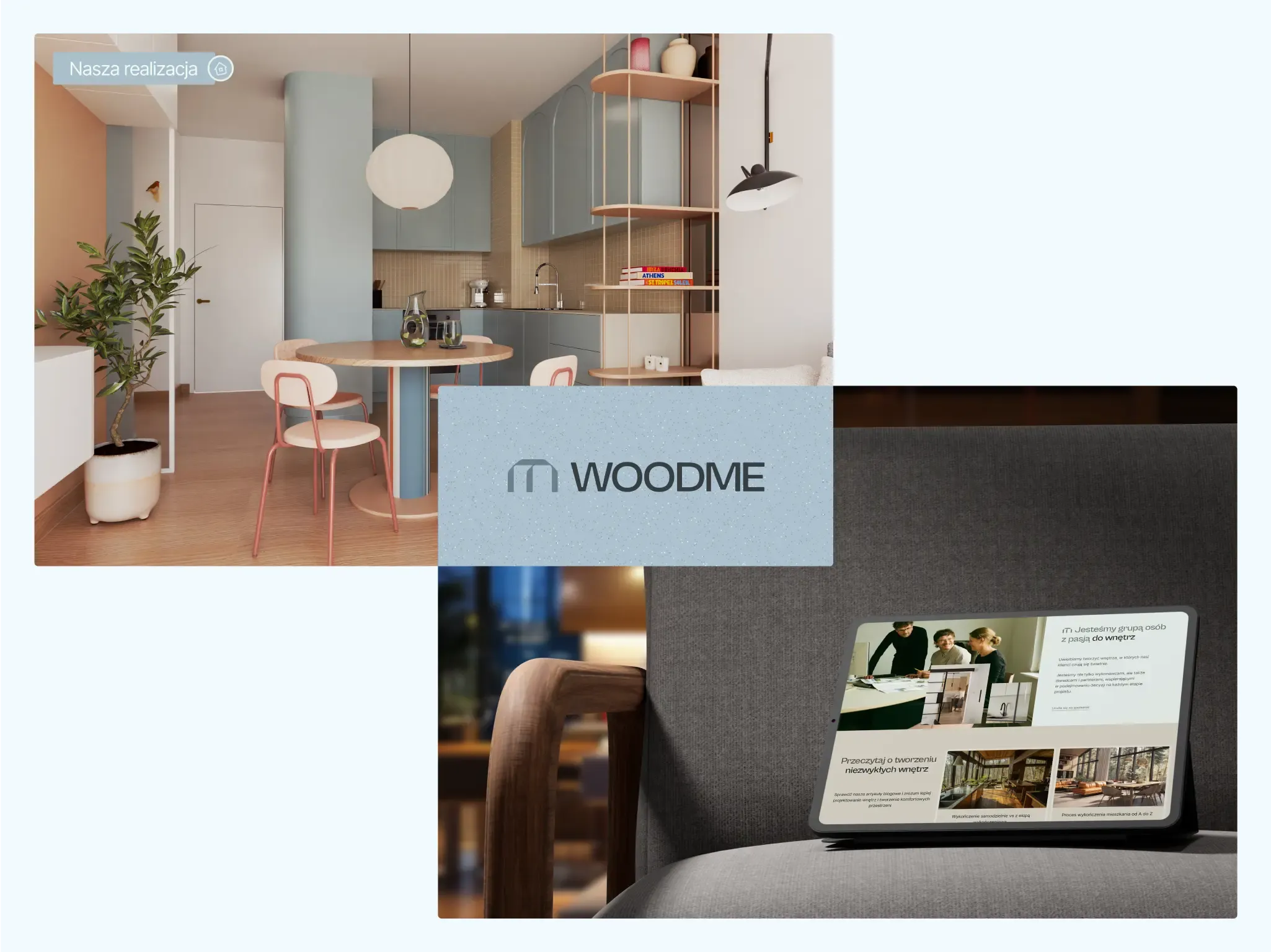 Collage of a bright kitchen interior in pastel shades, the WOODME logo on a blue background, and the website displayed on a tablet.
