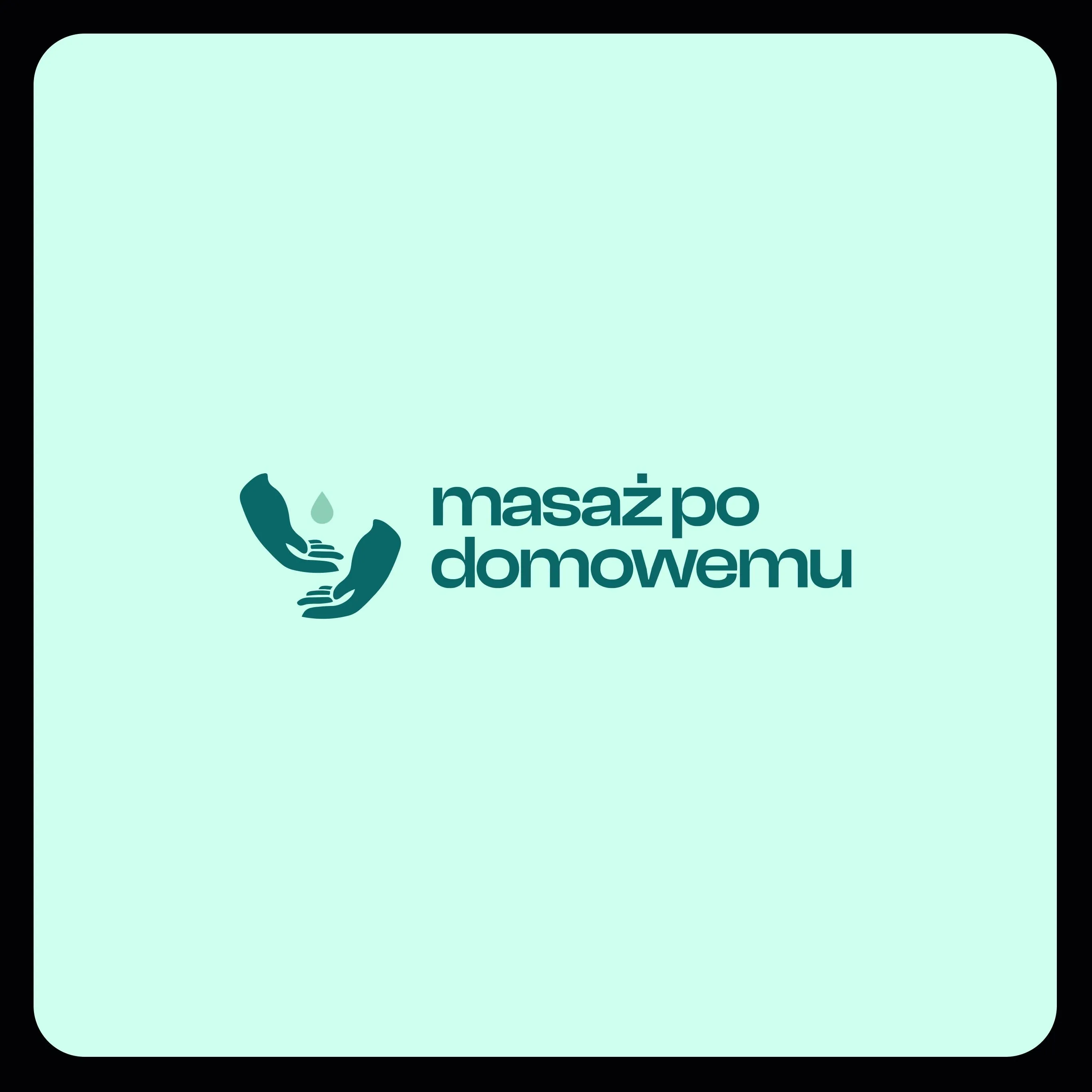 Napis „masaż po domowemu” z charakterystycznym sygnetem dłoni i kropli na jasnozielonym tle.