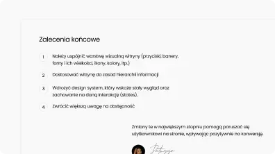 White sheet listing UX recommendations with an expert signature at the bottom.