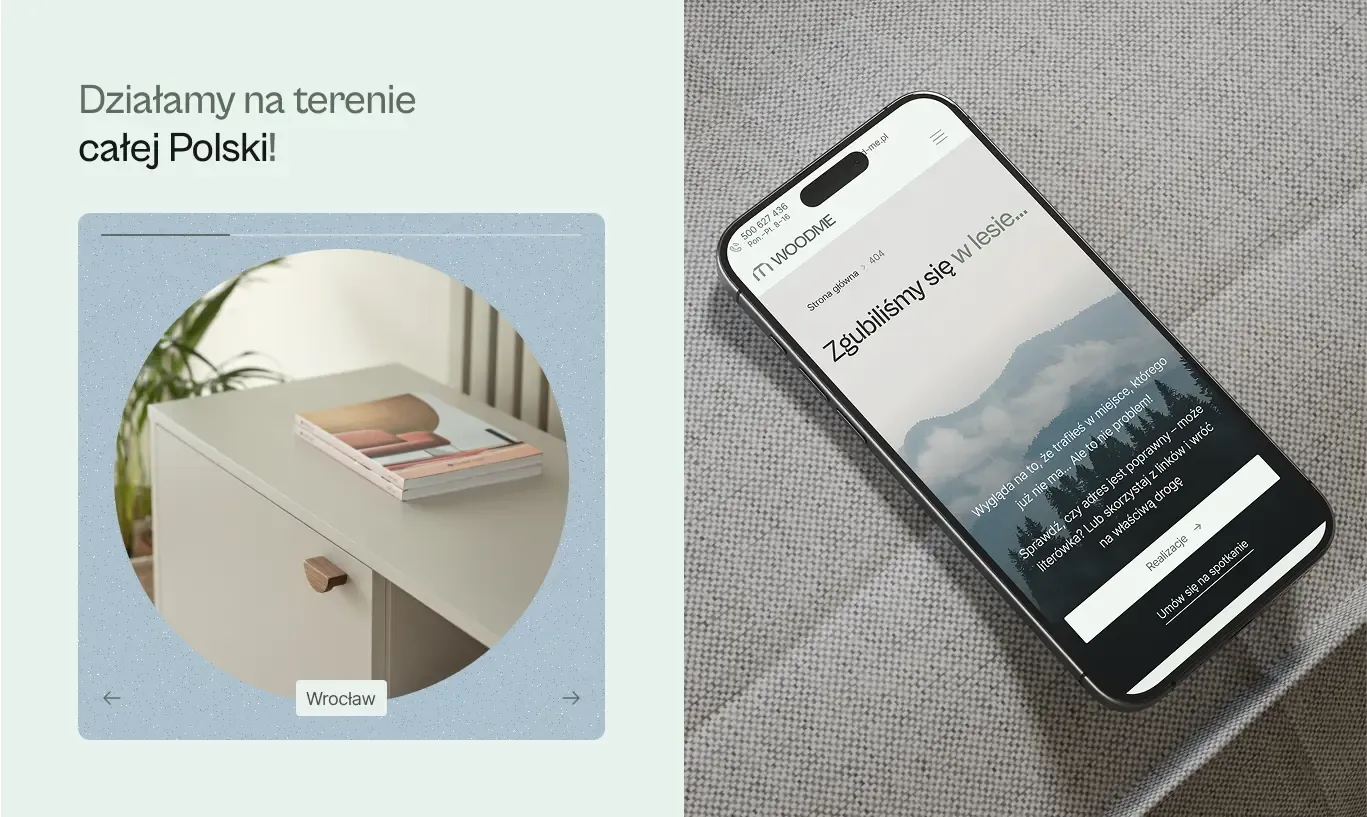 On the left, a photo of a beige chest of drawers against a blue background; on the right, a view of an ERROR 404 subpage displayed on a smartphone screen.