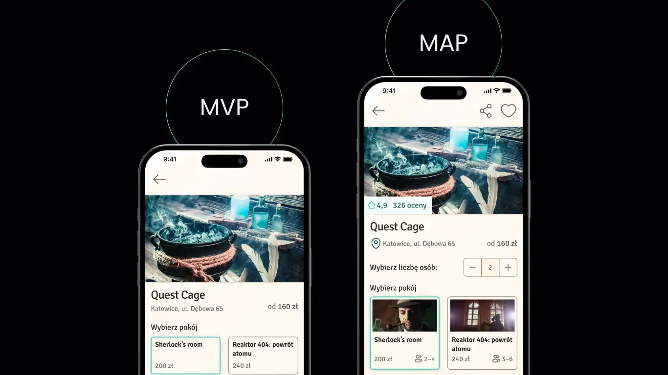 Two smartphones display MVP and MAP screens, showing feature expansion.