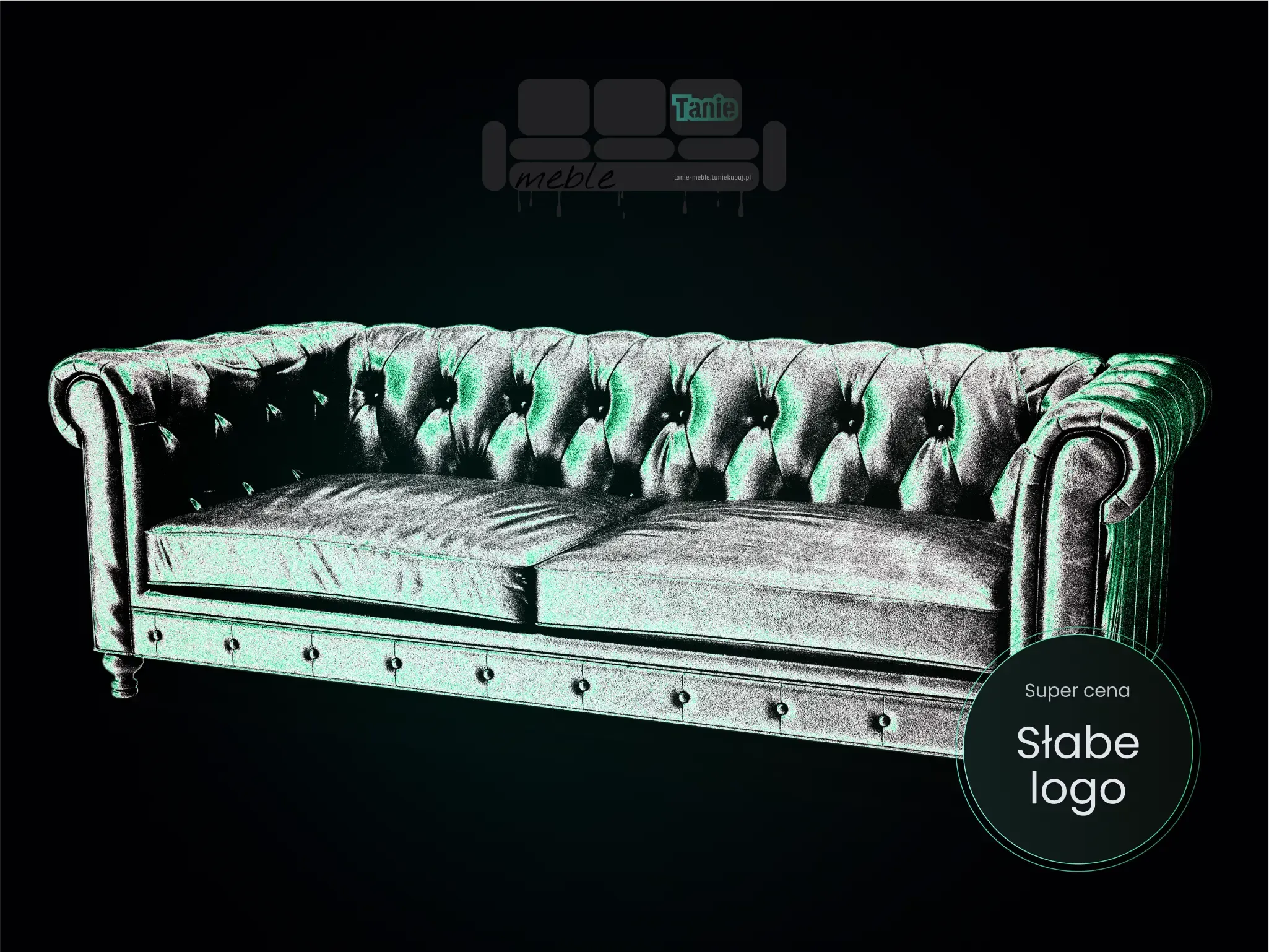 Klasyczna sofa Chesterfield o pikowanej powierzchni, podświetlona zielonym neonowym światłem, na ciemnym tle z logo "Tanie Meble" i oznaczeniem "Super cena". Idealna do promocji mebli w stylu retro z nowoczesnym akcentem. Obrazująca jak ważne jest dobre logo.