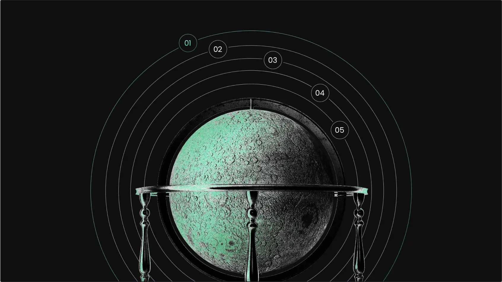 Dark slide with a hemisphere, concentric arcs and frames symbolising workshop stages.