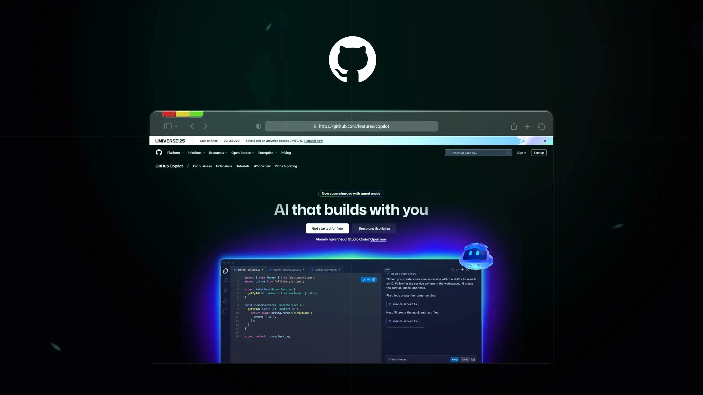 Copilot page screenshot with “AI that builds with you” headline.
