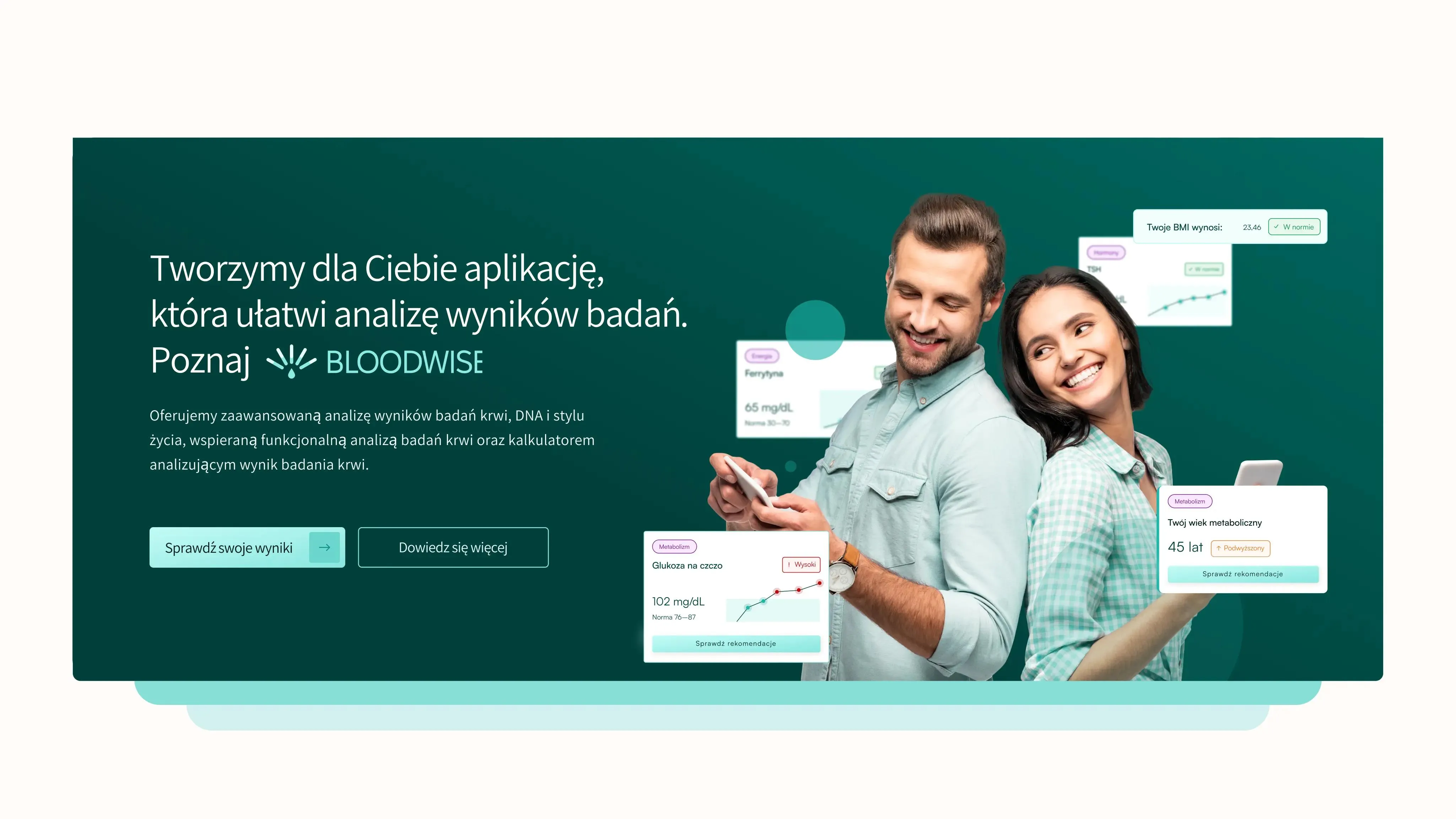 Zielona sekcja powitalna Bloodwise z parą uśmiechniętych osób i przyciskiem call‑to‑action.