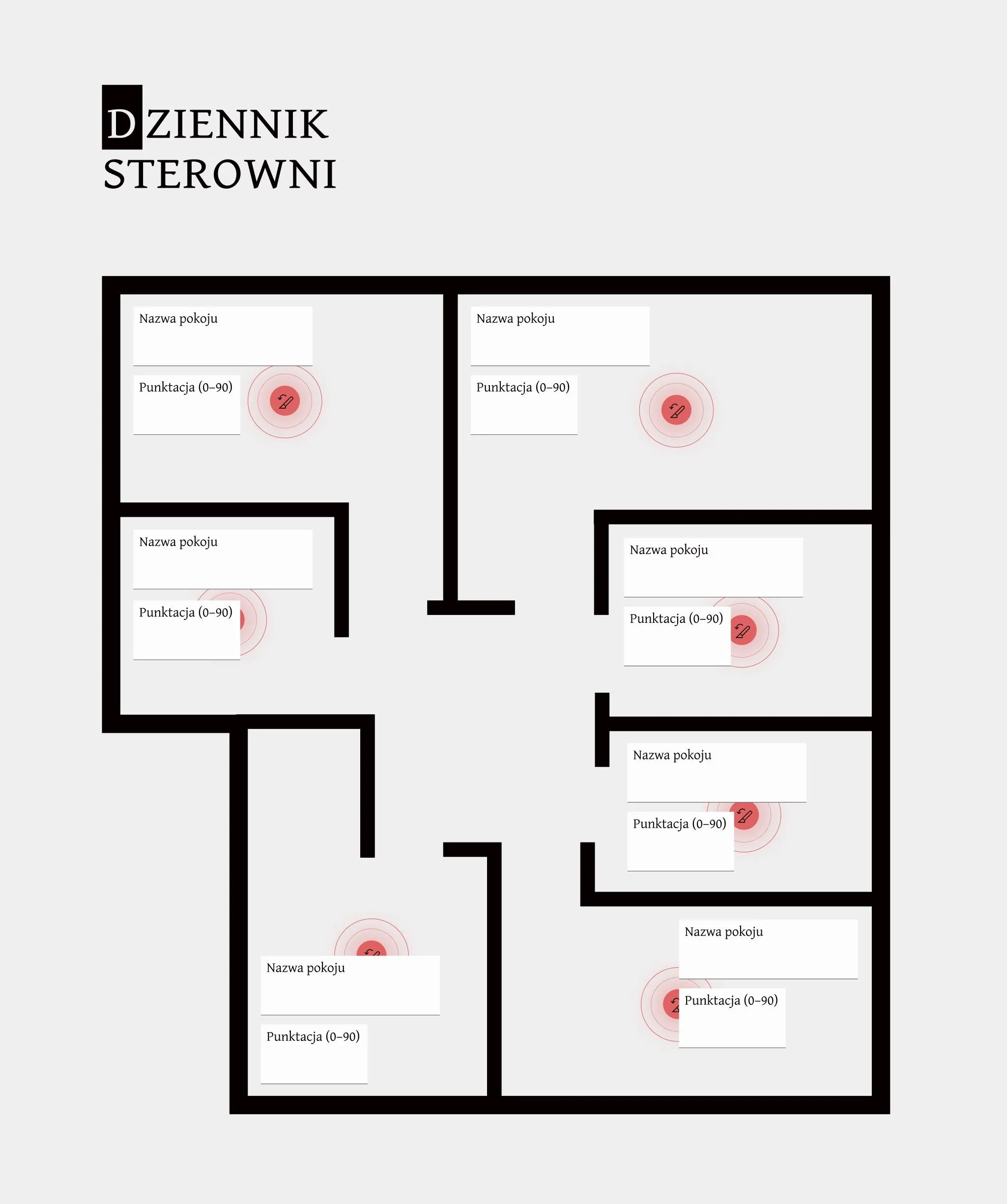 Biała plansza z rzutem mieszkania; w pomieszczeniach różowe pinezki oznaczają miejsca ćwiczeń mindfulness.