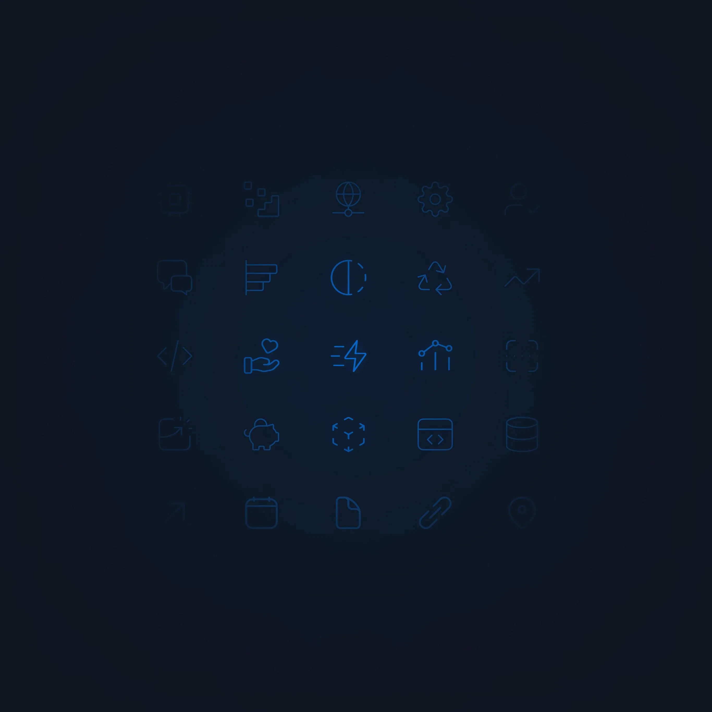 Grid of vivid blue system pictograms on a navy background.