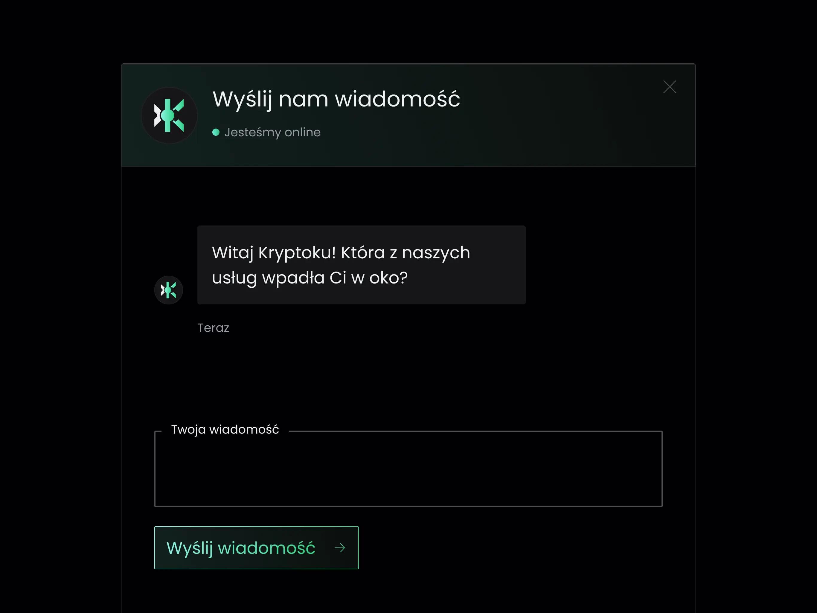 Okienko czatu na stronie internetowej w kolorach brandingu agencji interaktywnej Kryptonum.