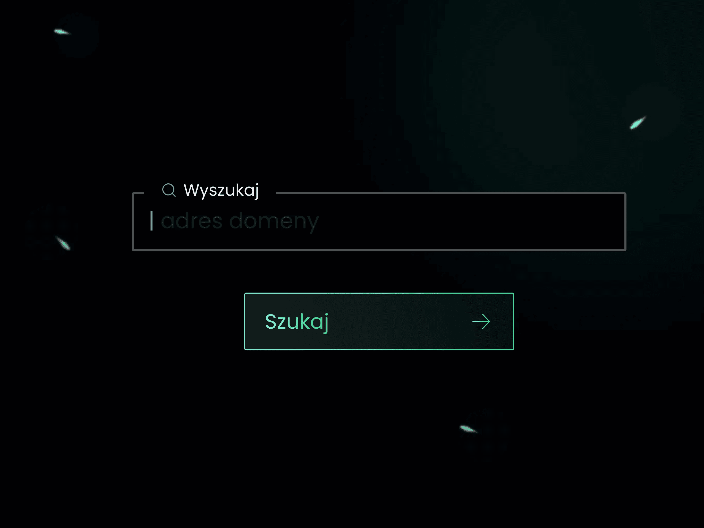 Wizualizacja paska przeglądarki na czarnym tle, poniżej prostokątny przycisk „Szukaj” – zielony napis, strzałka i obramówka. 