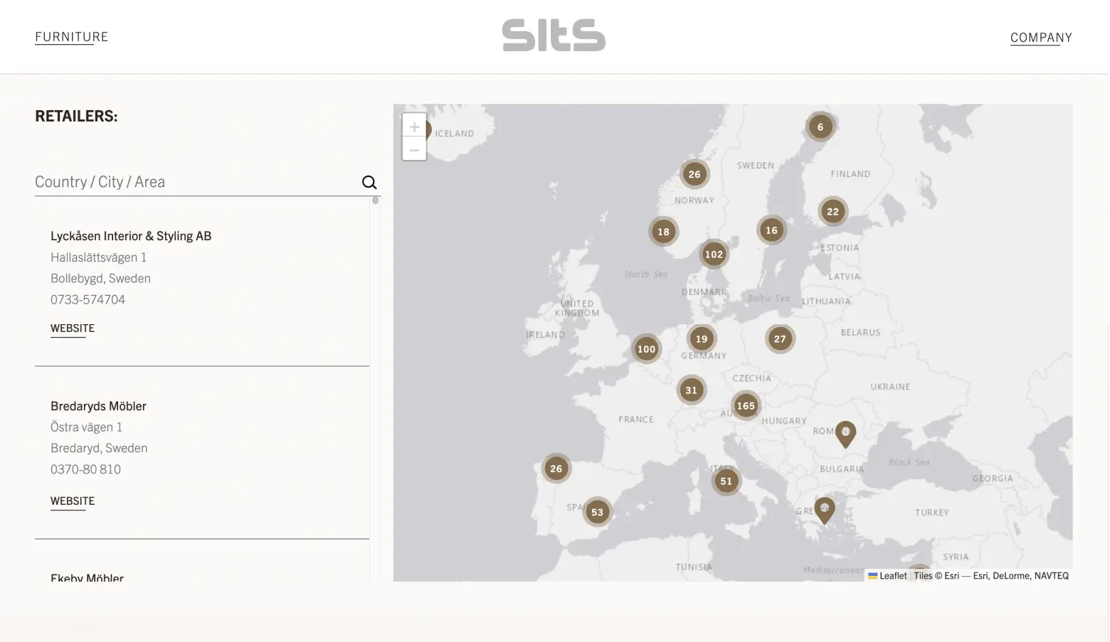 Sekcja z interaktywną mapą na witrynie internetowej SITS. Po lewej kolumna z wyszukiwarką i dynamicznie wczytywaną listą dystrybutorów. Po prawej mapa w brandingu SITS