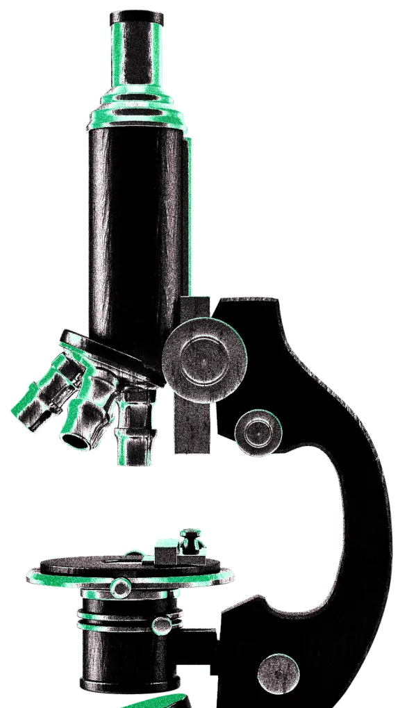 Mikroskop bez tła, z wymienialnymi przystawkami, z nałożonym zielonym gradientem i szumem w brandingu Kryptonum