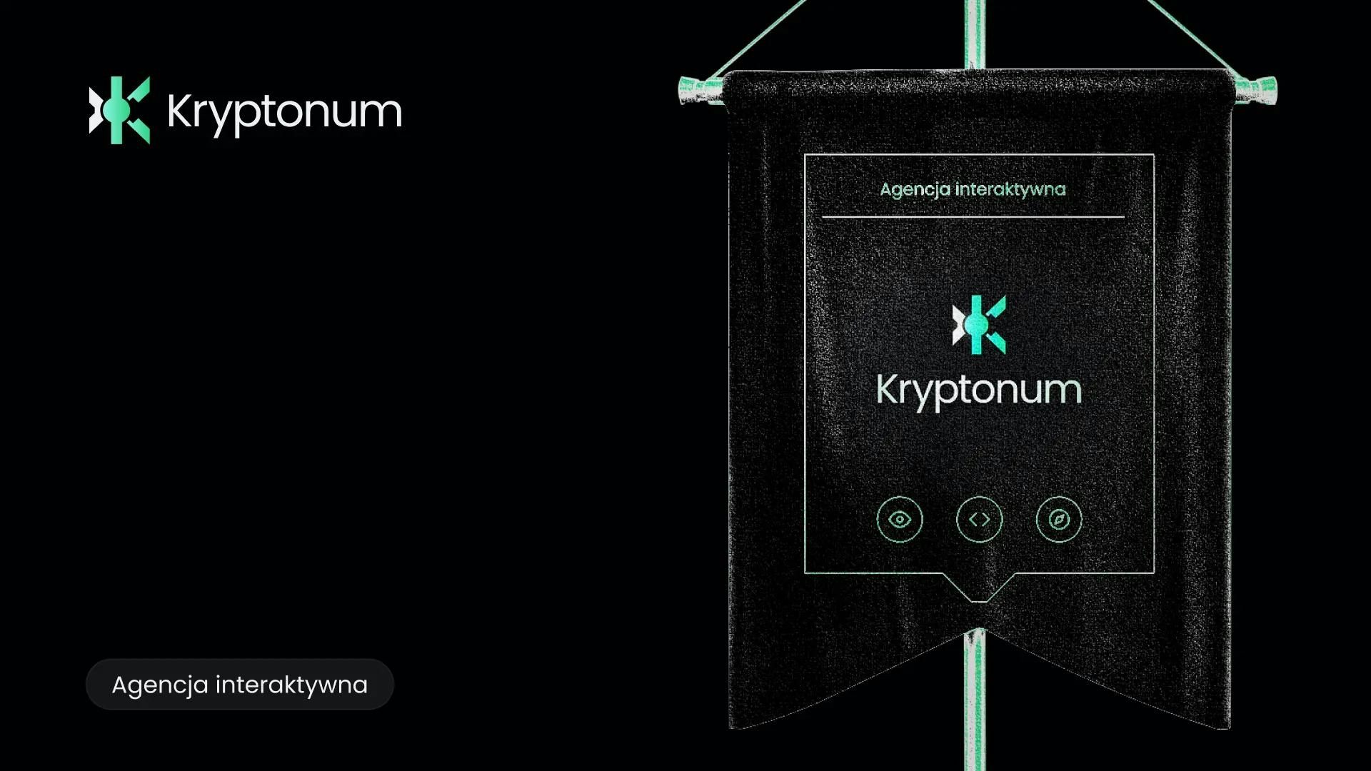 Proporzec z logo Kryptonum i podpisem agencja interaktywna. Obok logo Kryptonum, całość na ciemnym tle, z białymi i zielonymi akcentami