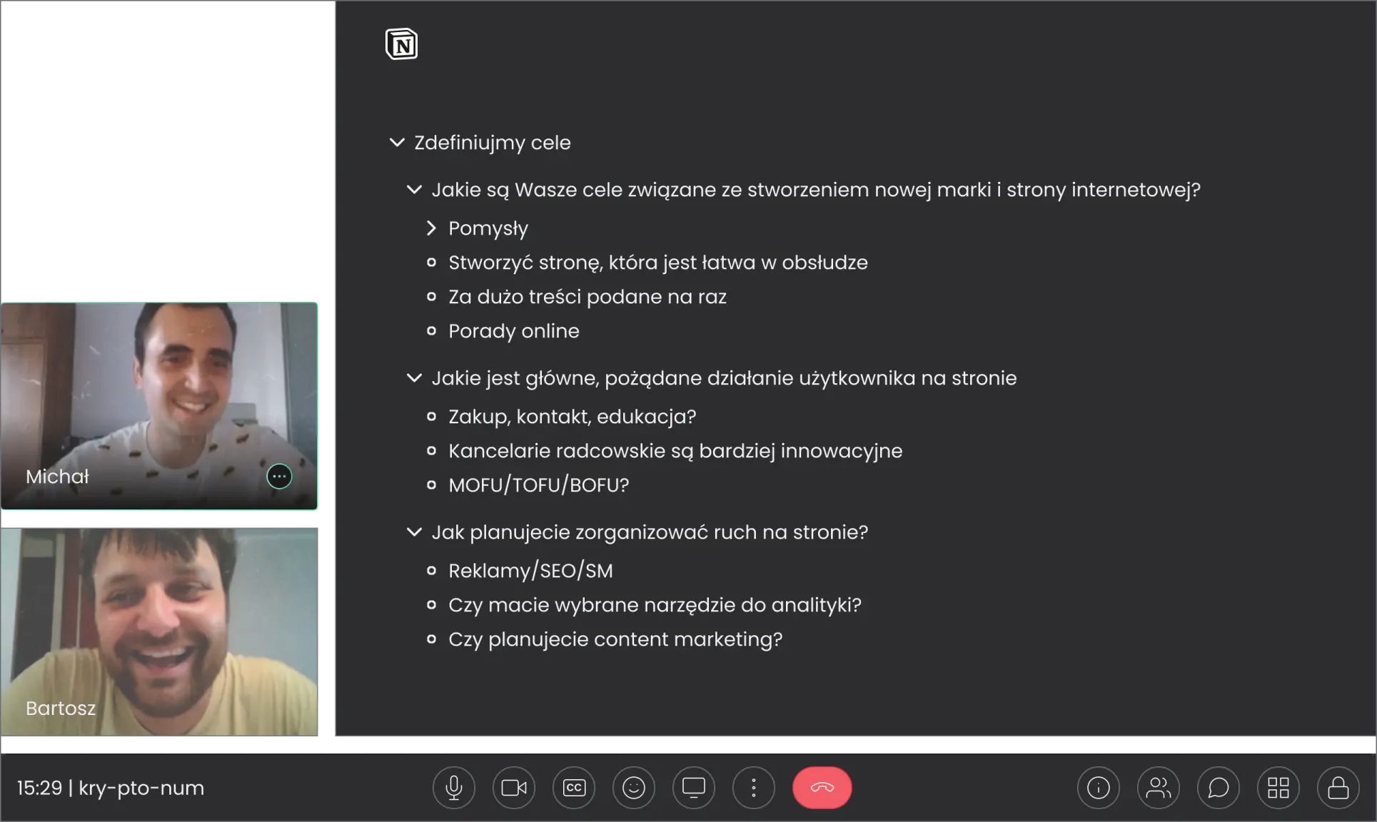 Rozmowa wideo Michała z Bartoszem, wykorzystując Google Meets i Notion do warsztatu strategicznego