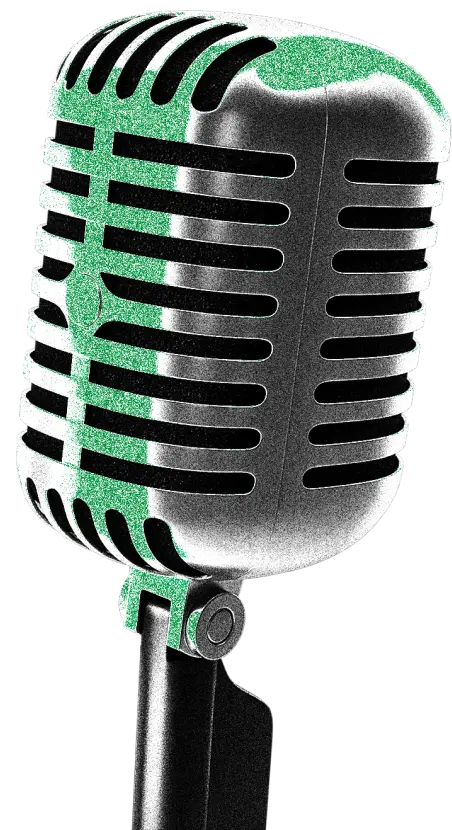 Mikrofon bez kolorów, nałożony na niego szum i zielony gradient nawiązujący do brandingu Kryptonum